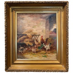 19th Century Oil on Canvas Chicken Painting in Gilt Frame Signed E. Coppenolle