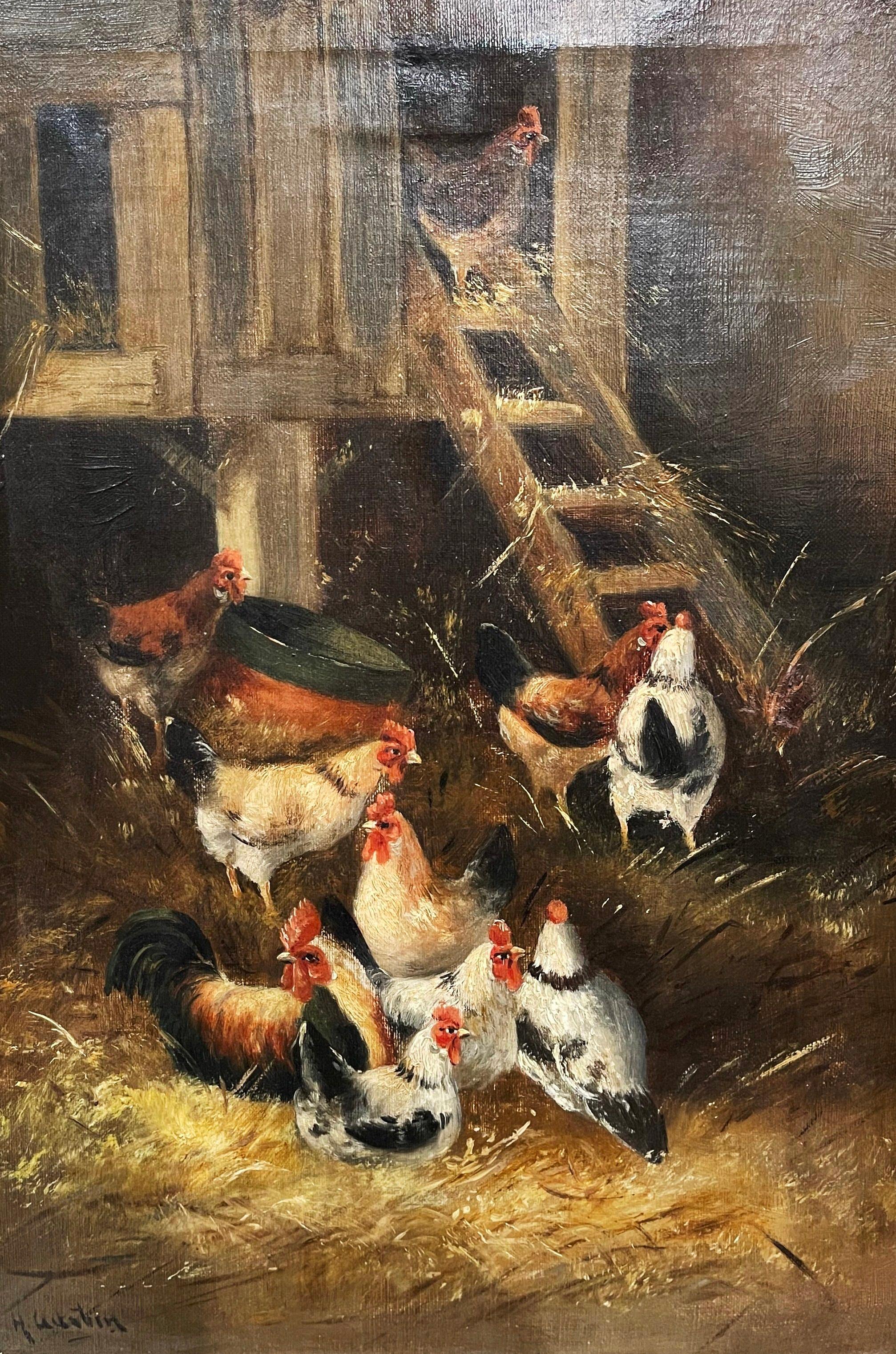 French 19th Century Oil on Canvas Chicken Painting in Gilt Frame Signed H. Gustin