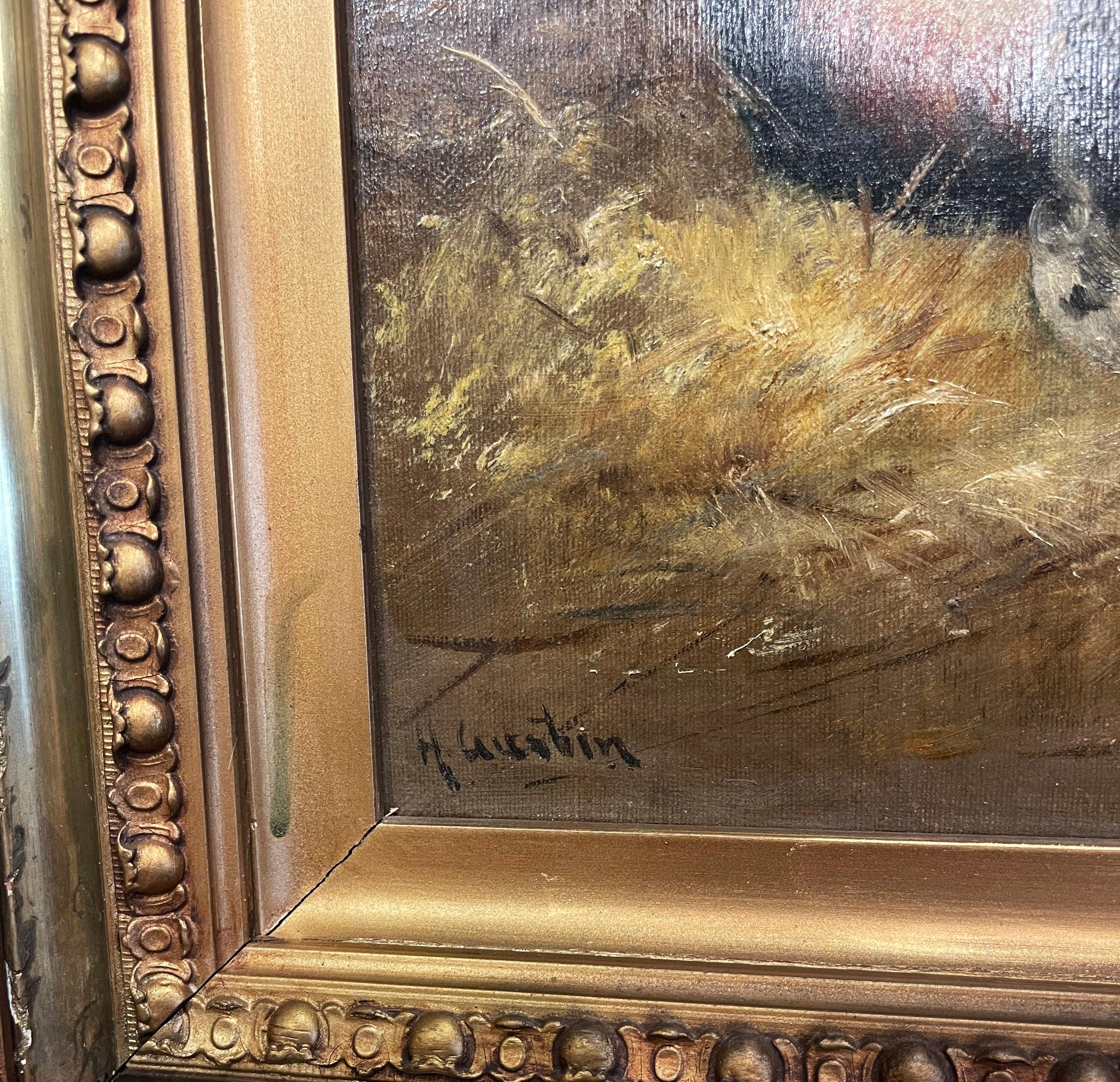 Carved 19th Century Oil on Canvas Chicken Painting in Gilt Frame Signed H. Gustin