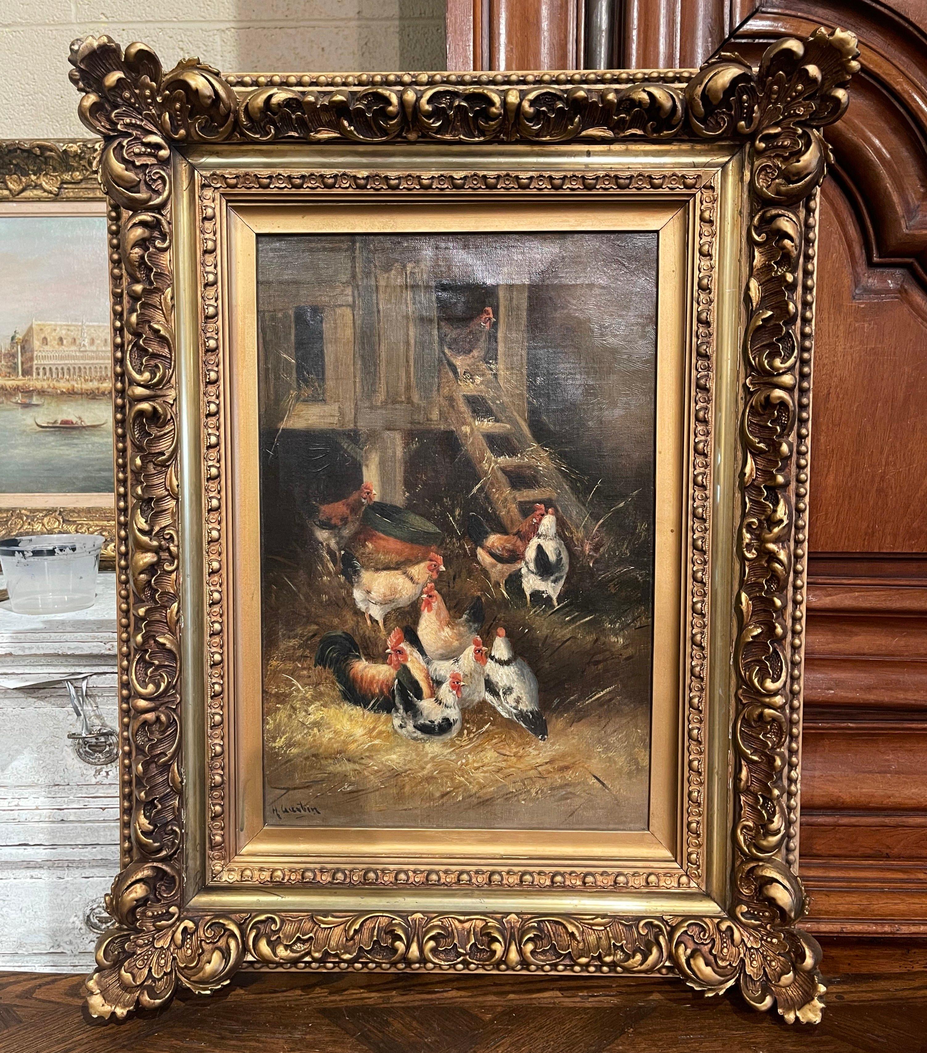 19th Century Oil on Canvas Chicken Painting in Gilt Frame Signed H. Gustin In Excellent Condition In Dallas, TX