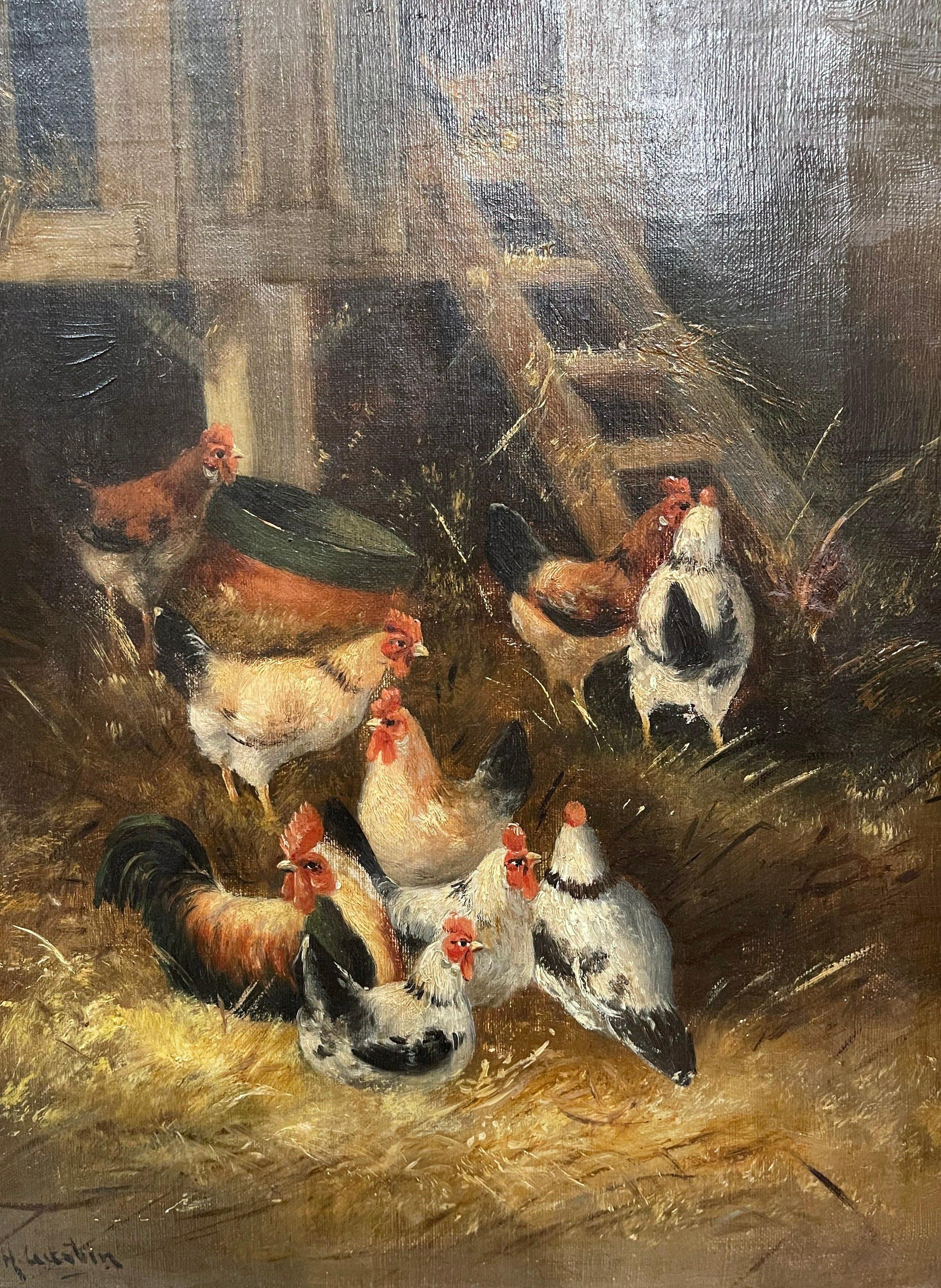 19th Century Oil on Canvas Chicken Painting in Gilt Frame Signed H. Gustin 2