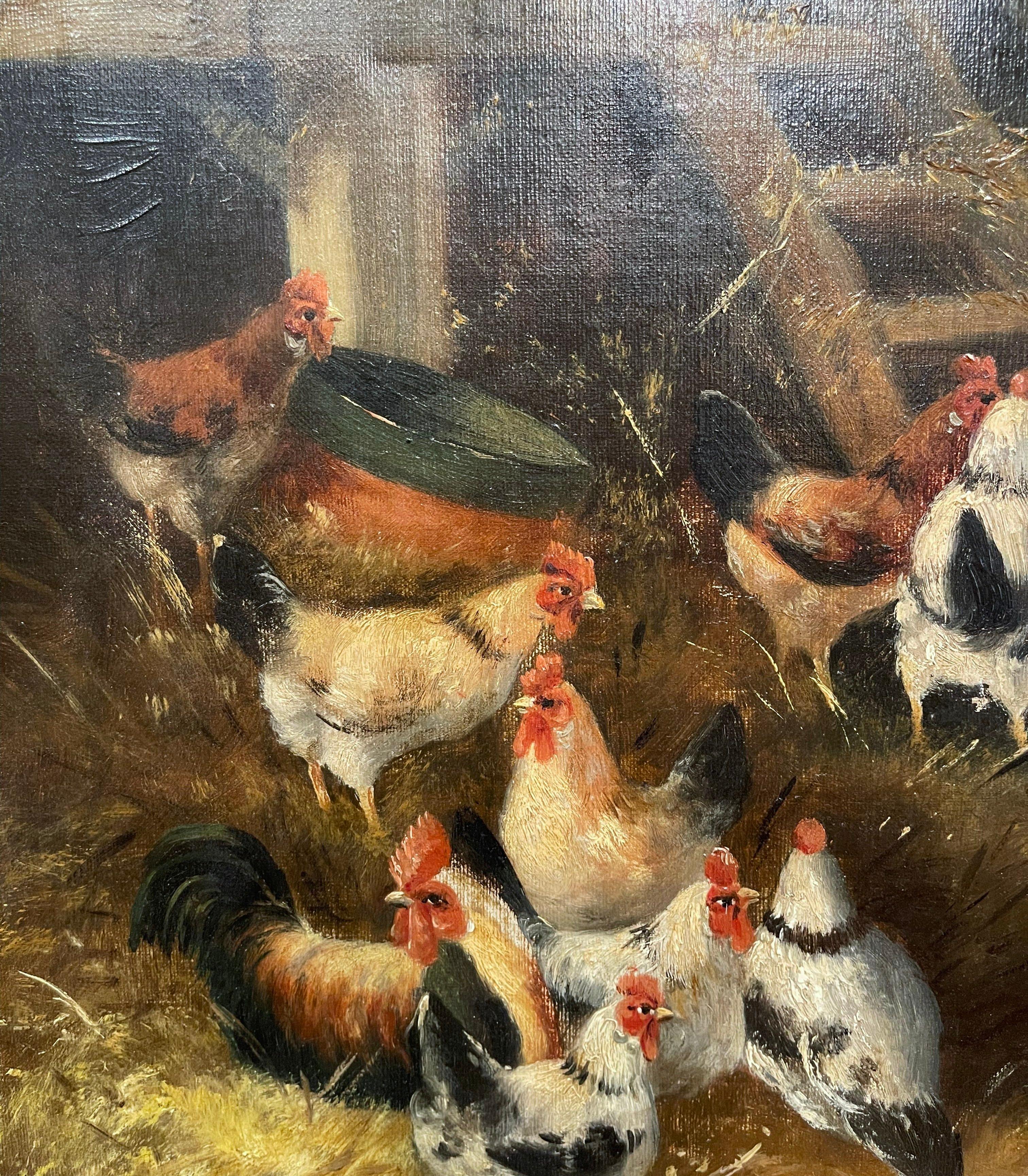 19th Century Oil on Canvas Chicken Painting in Gilt Frame Signed H. Gustin 3