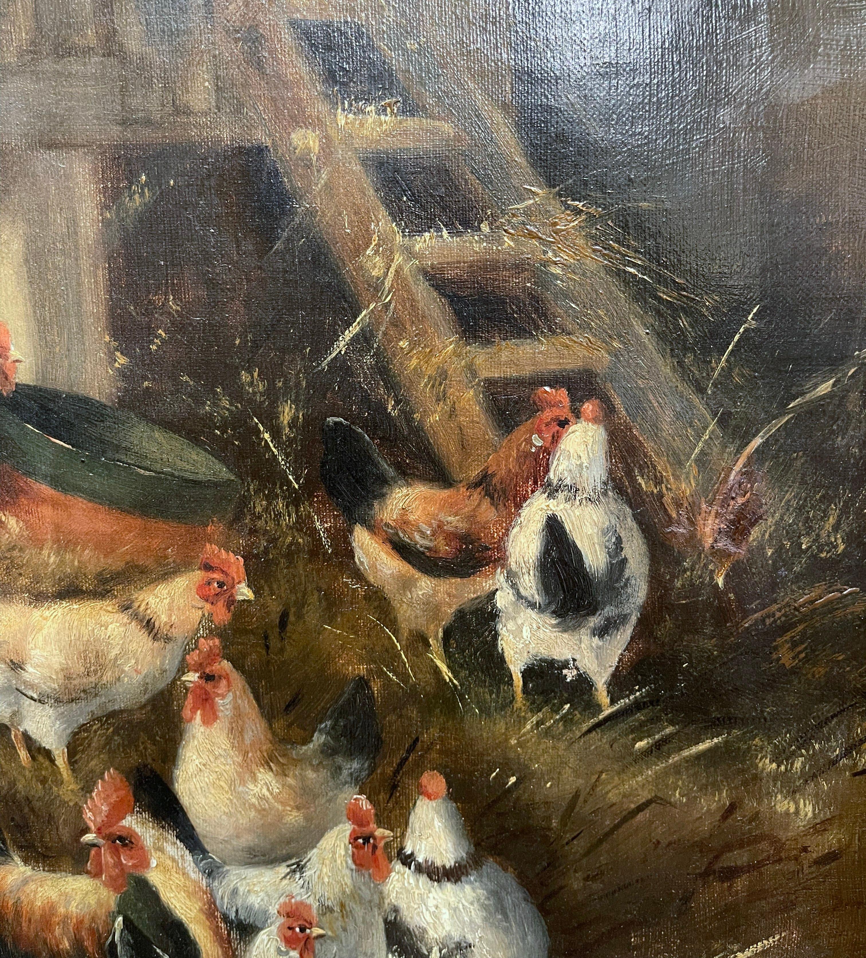 19th Century Oil on Canvas Chicken Painting in Gilt Frame Signed H. Gustin 4