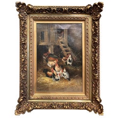 19th Century Oil on Canvas Chicken Painting in Gilt Frame Signed H. Gustin