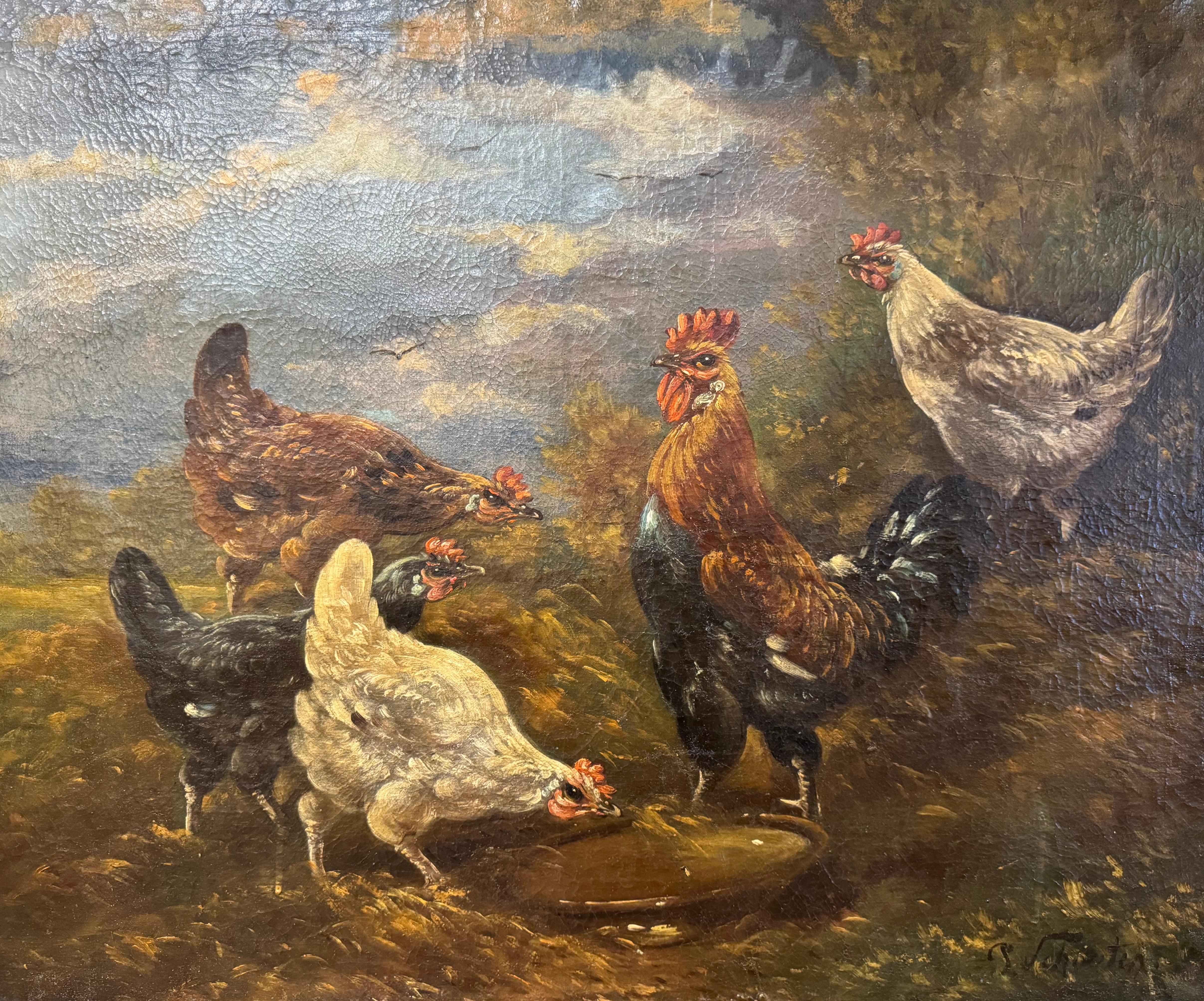 Belga Dipinto di pollo su tela del XIX secolo con cornice dorata firmato H. H. Schouten in vendita