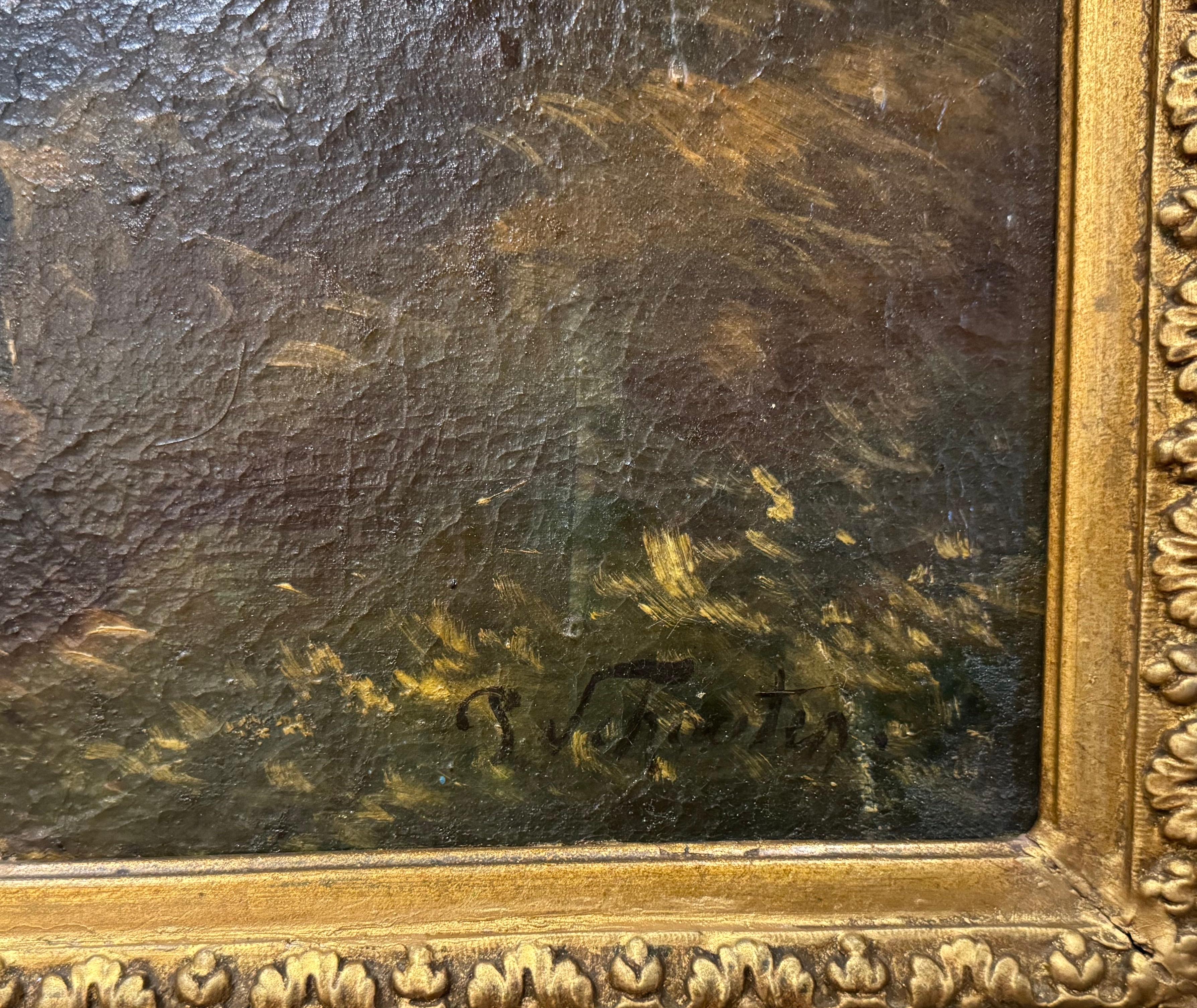 Dorato Dipinto di pollo su tela del XIX secolo con cornice dorata firmato H. H. Schouten in vendita