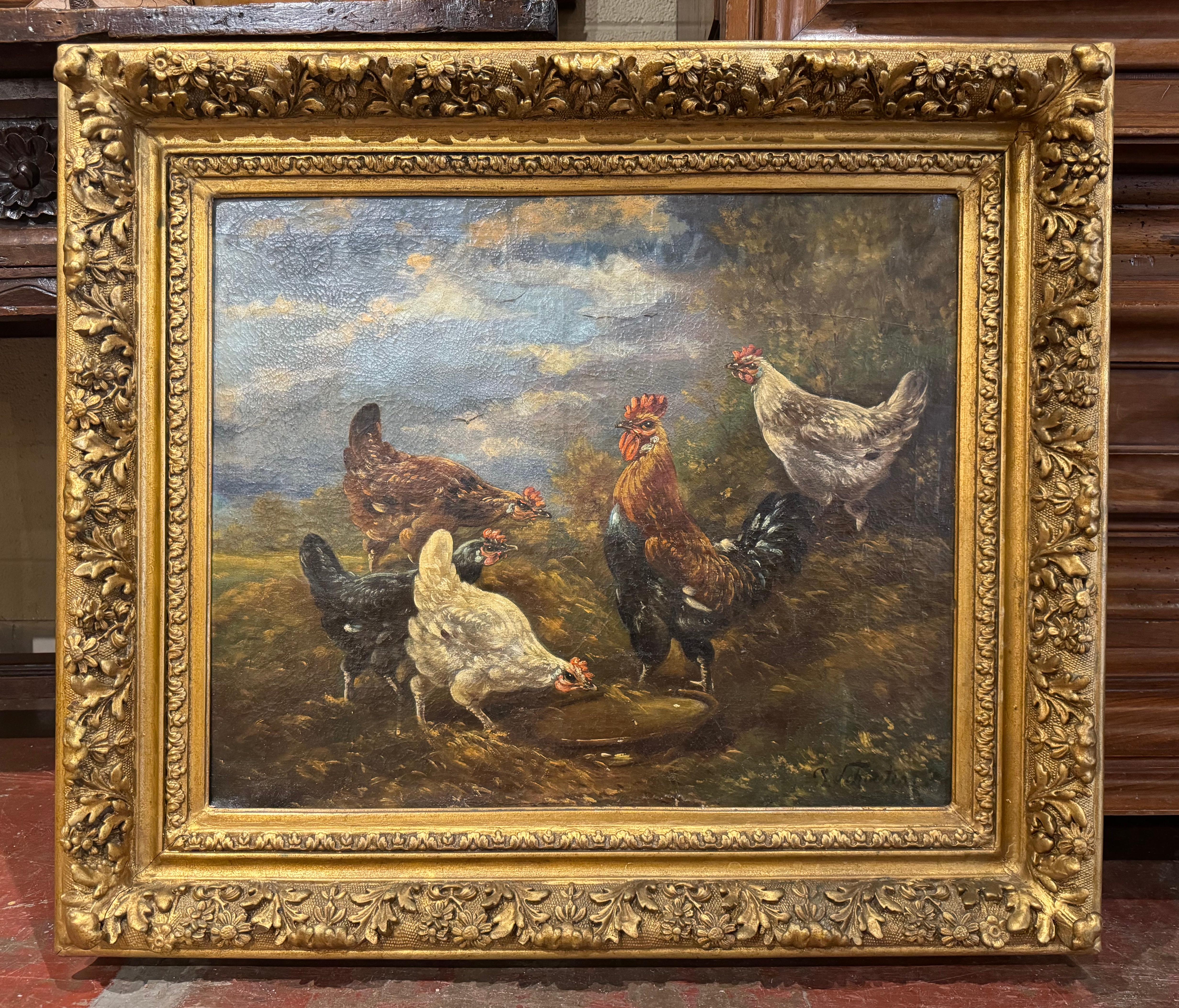 Dipinto di pollo su tela del XIX secolo con cornice dorata firmato H. H. Schouten In condizioni ottime in vendita a Dallas, TX
