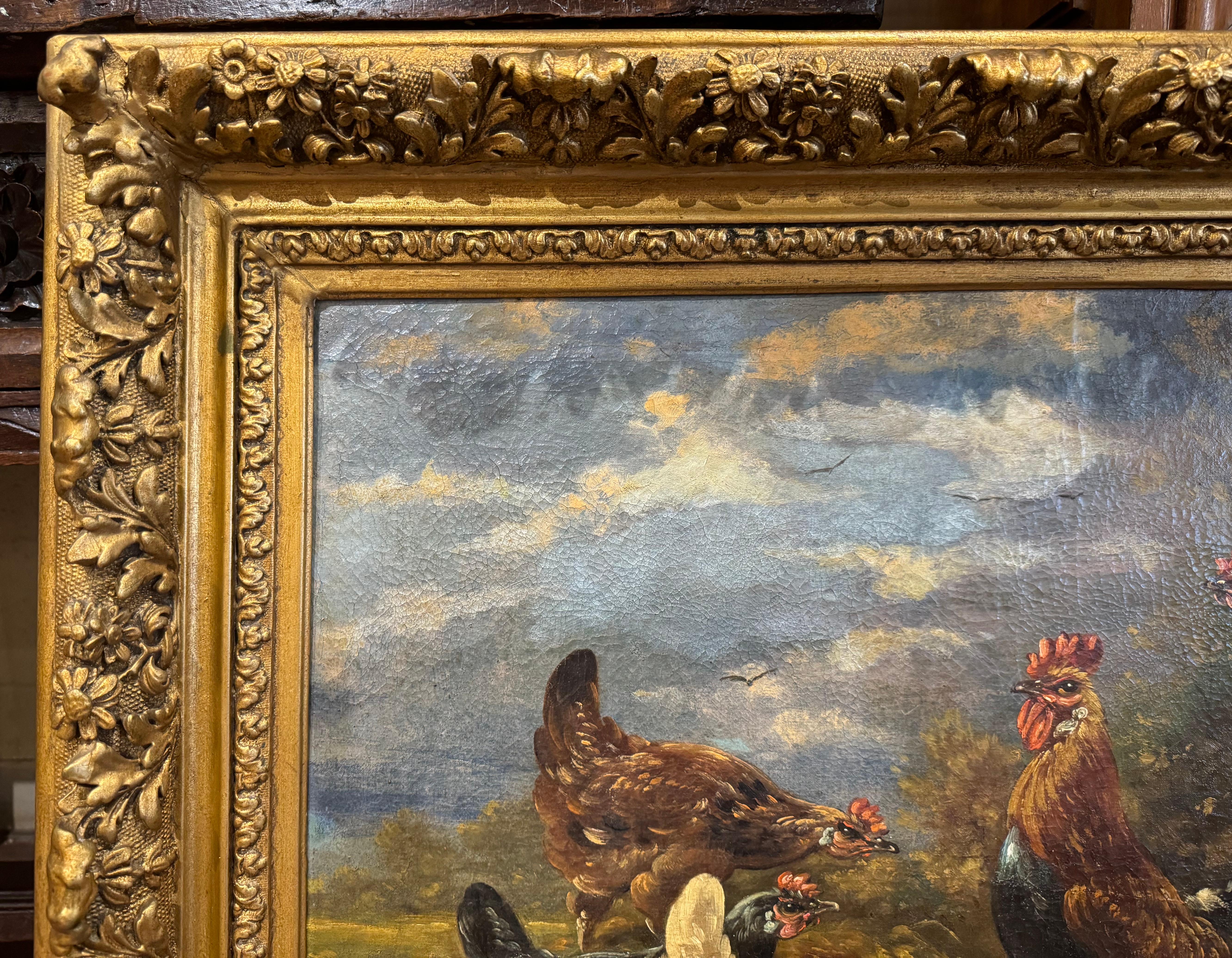 Tela Dipinto di pollo su tela del XIX secolo con cornice dorata firmato H. H. Schouten in vendita