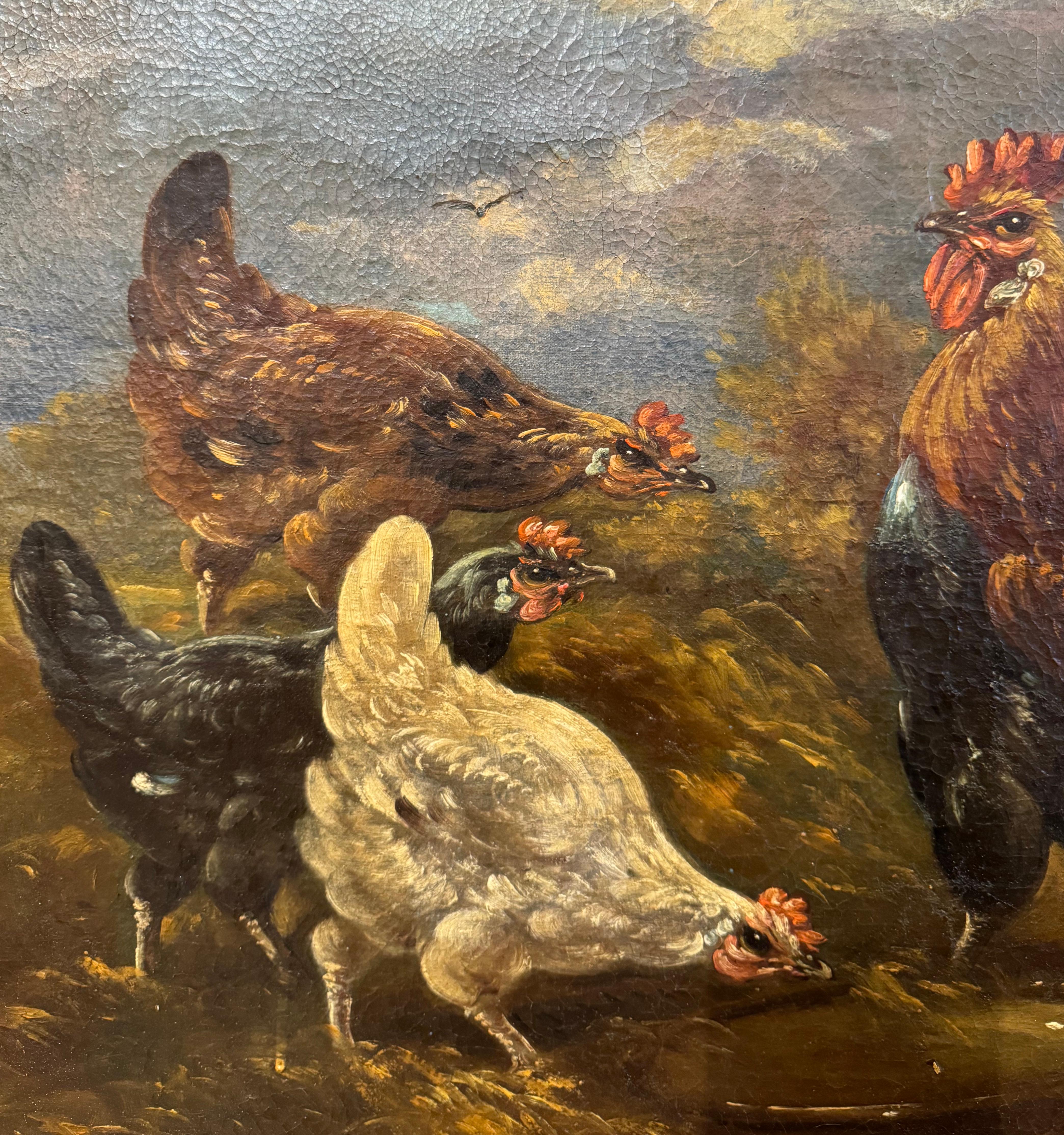 Dipinto di pollo su tela del XIX secolo con cornice dorata firmato H. H. Schouten in vendita 1