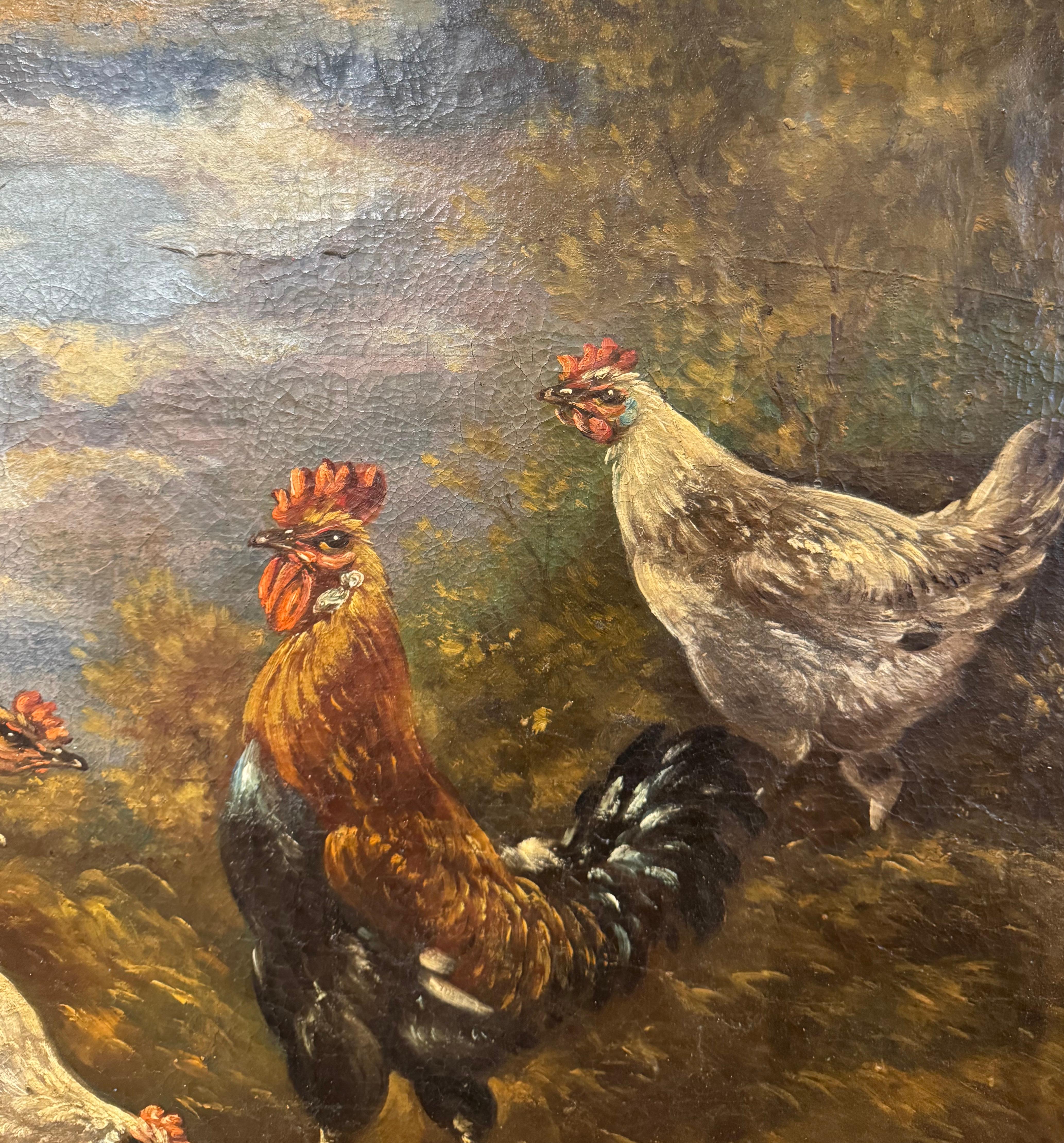 Dipinto di pollo su tela del XIX secolo con cornice dorata firmato H. H. Schouten in vendita 2