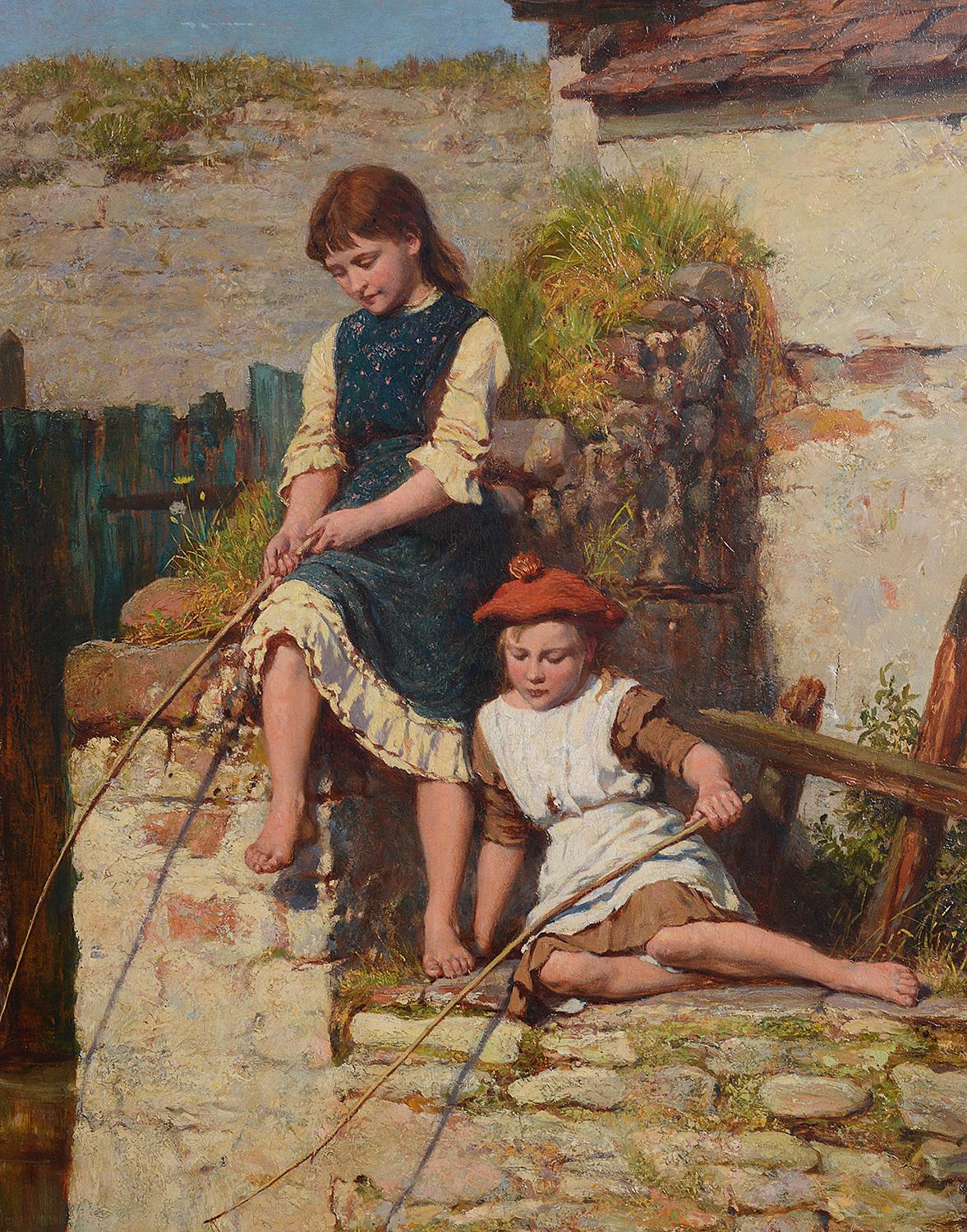 An enchanting 19th century oil on canvas painting, depicting two girl fishing, 
signed and dated; Herbert Johnson 1887.
 