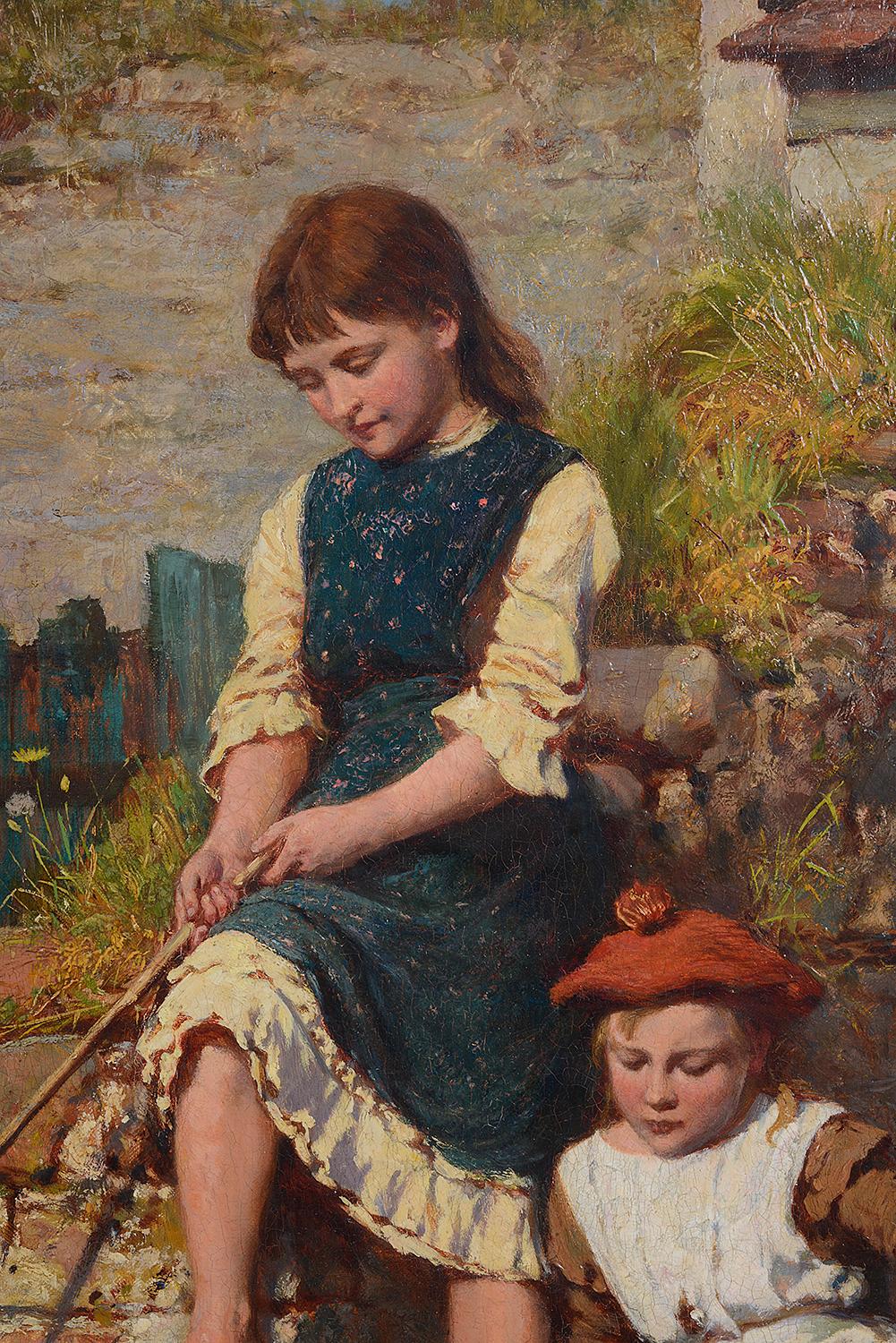 English 19th Century, Oil on Canvas, Children Fishing by Herbert Johnson, 1887 For Sale