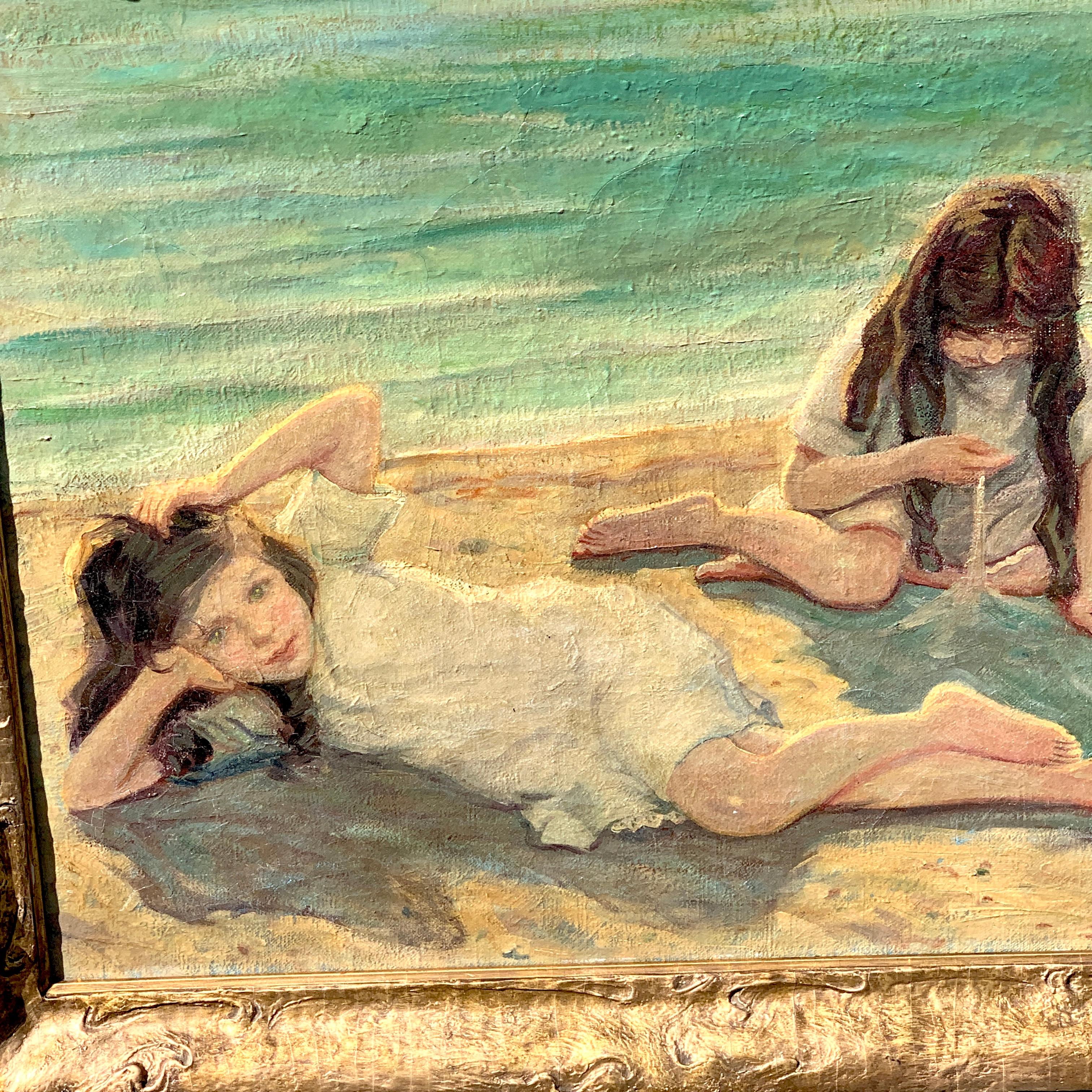 American 19th Century Oil on Canvas Children Playing on the Beach For Sale