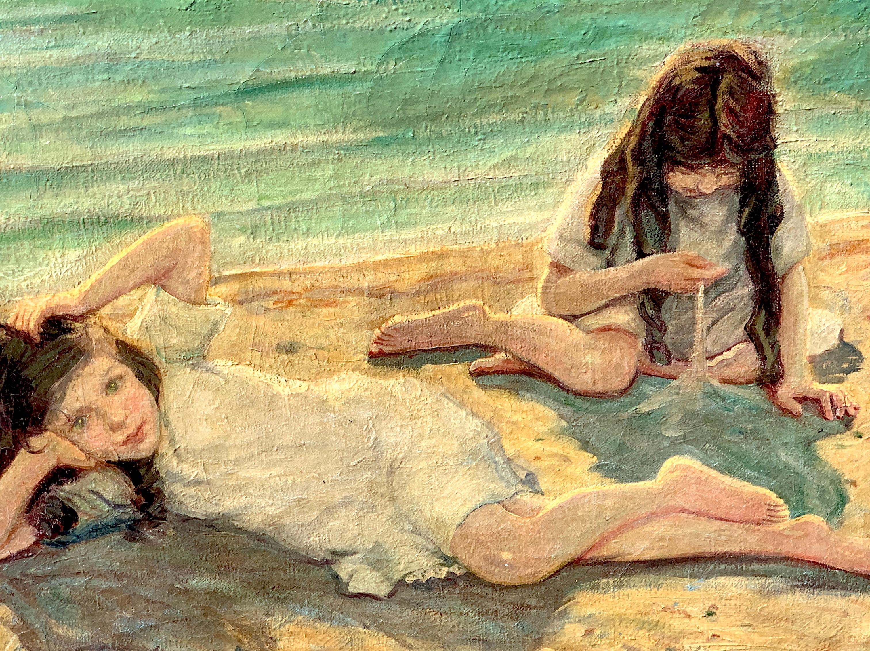 Carved 19th Century Oil on Canvas Children Playing on the Beach For Sale