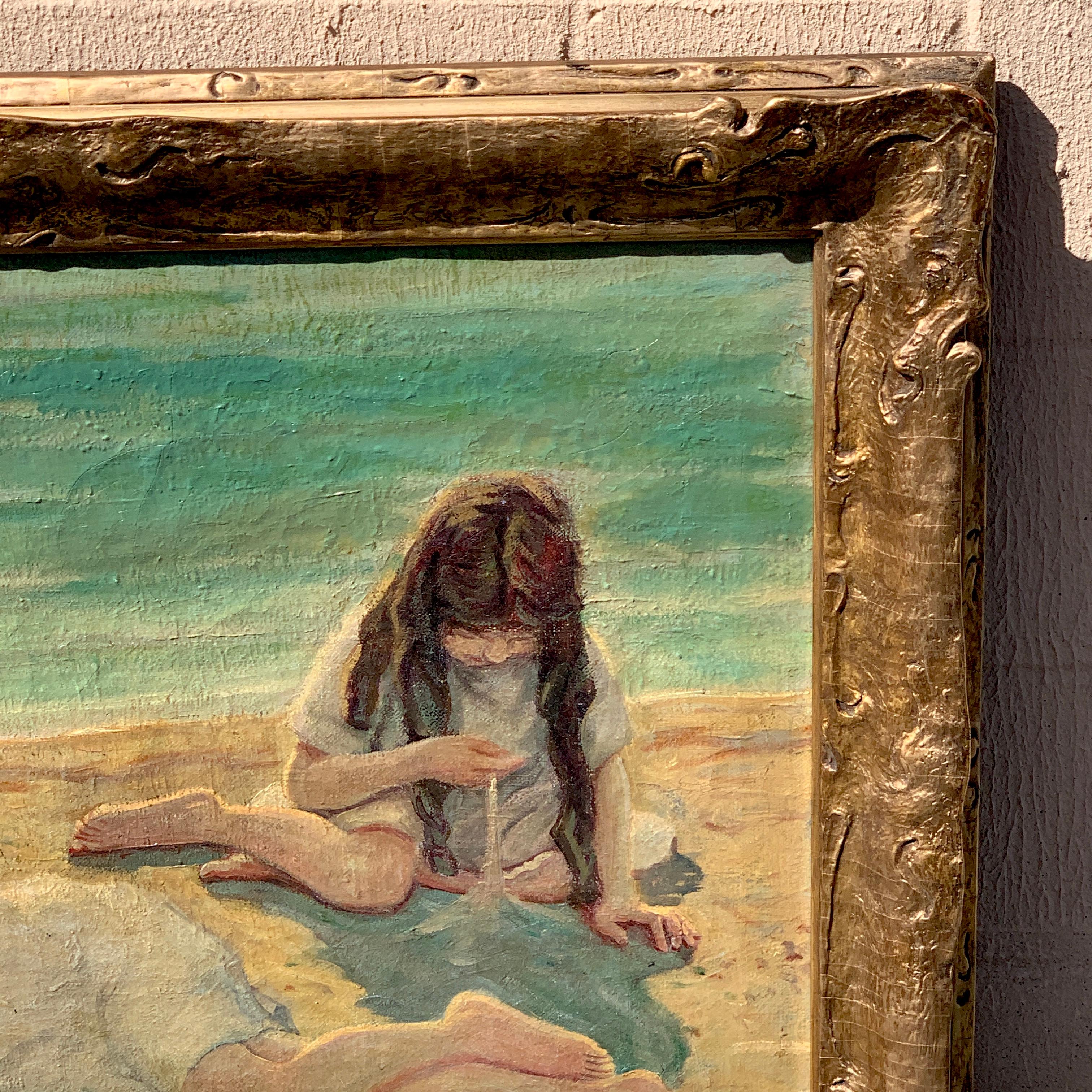 19th Century Oil on Canvas Children Playing on the Beach In Good Condition For Sale In Atlanta, GA