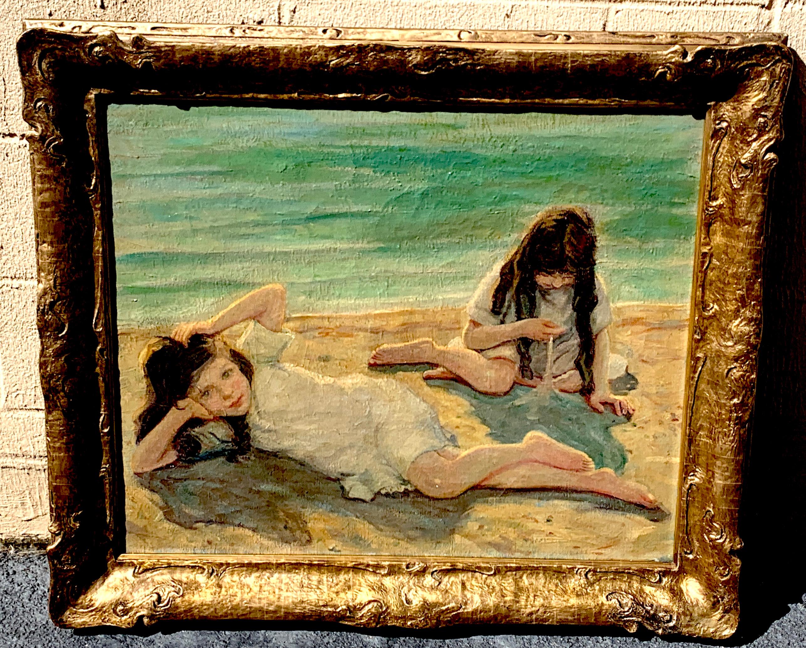20th Century 19th Century Oil on Canvas Children Playing on the Beach For Sale