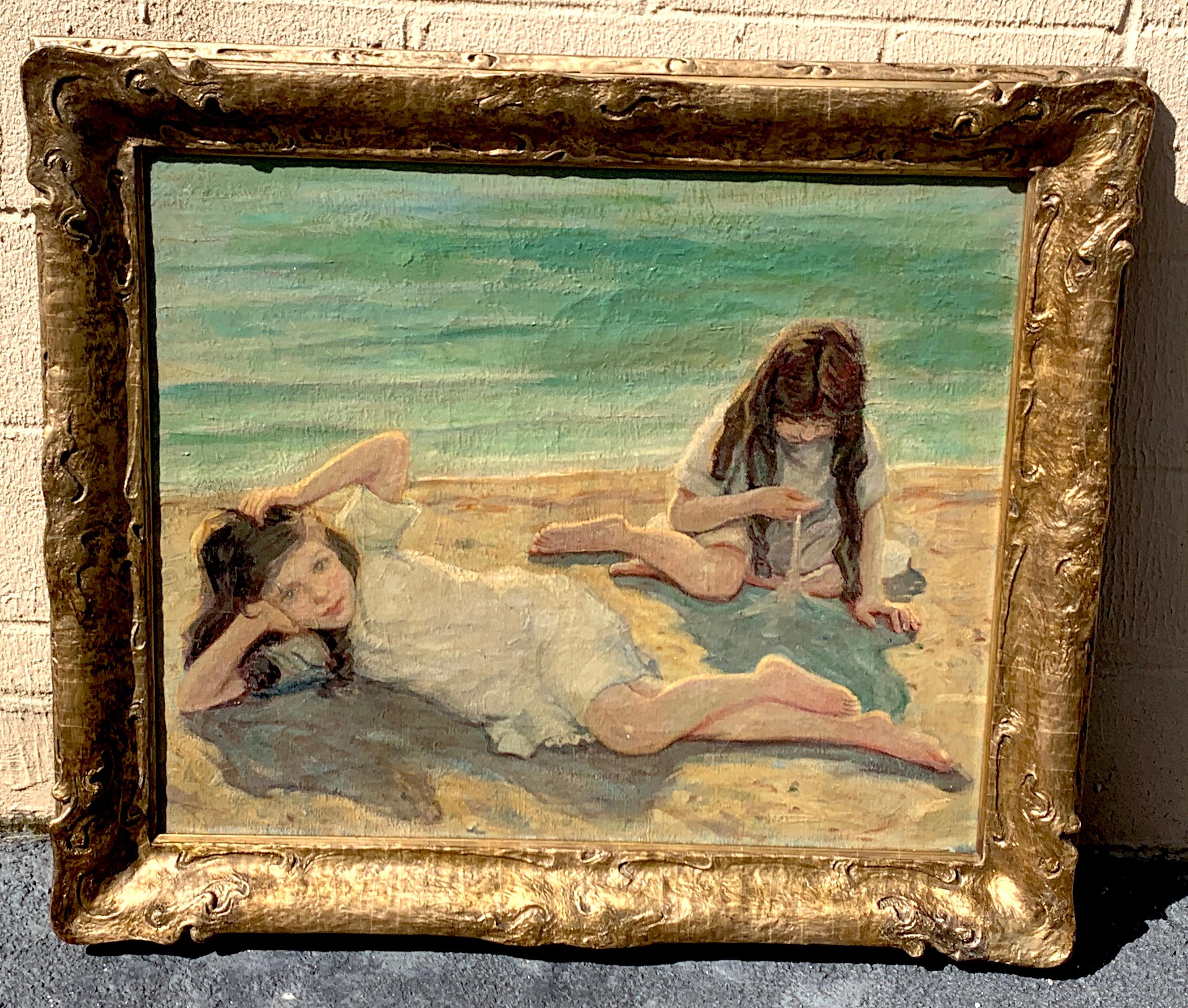 Giltwood 19th Century Oil on Canvas Children Playing on the Beach For Sale