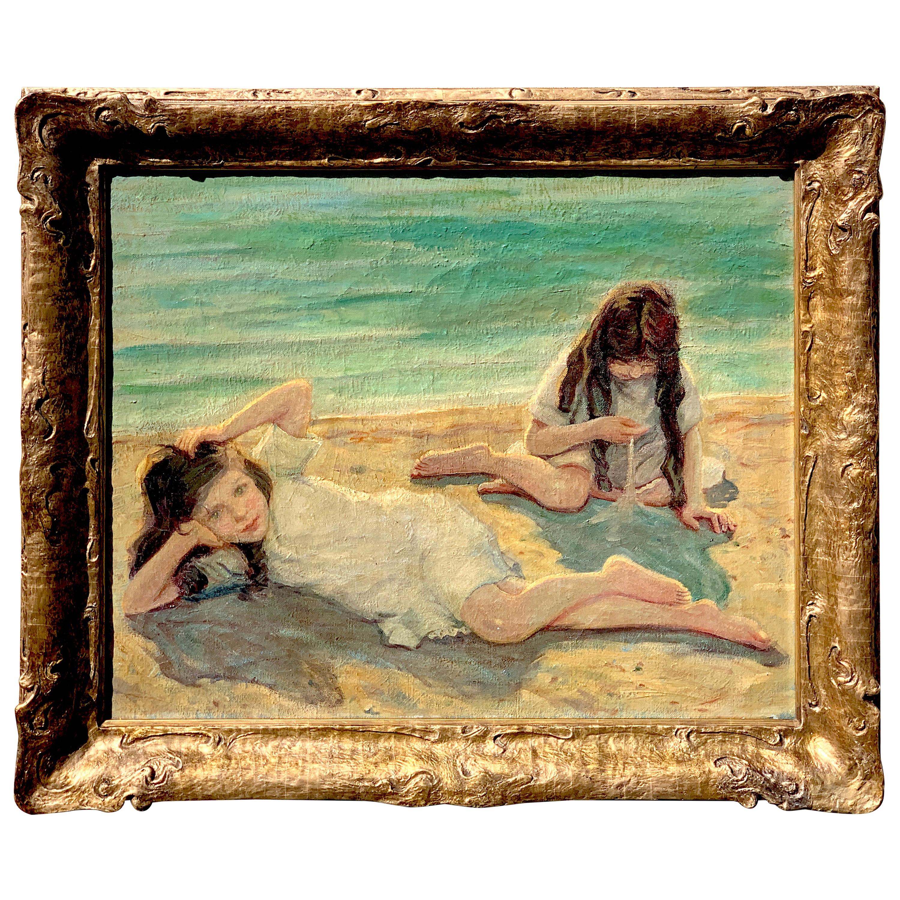 19th Century Oil on Canvas Children Playing on the Beach For Sale