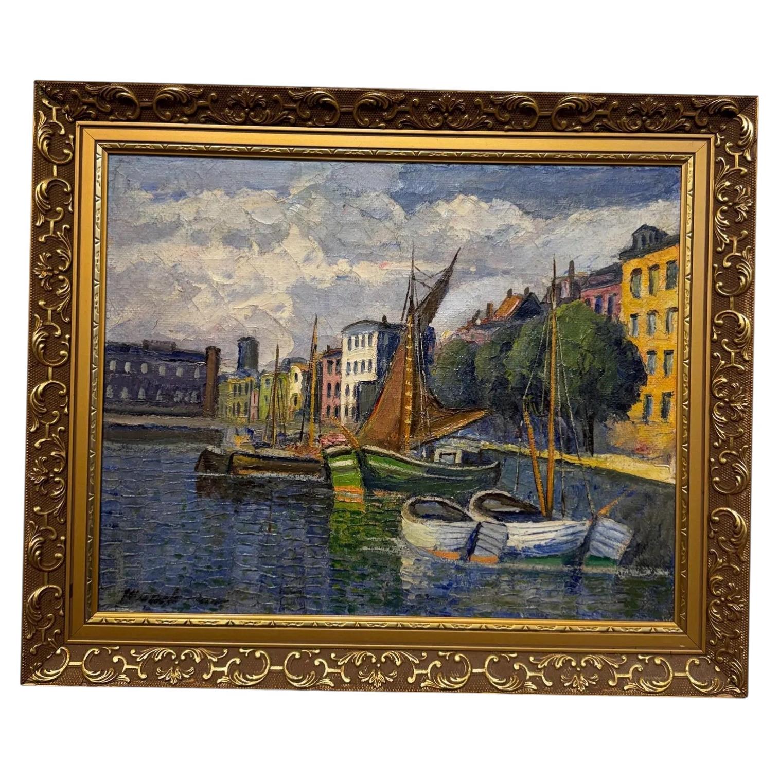 19. Jahrhundert Öl auf Leinwand "Stadtkanal" im Angebot
