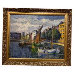 19th Century Oil on Canvas "City Canal"