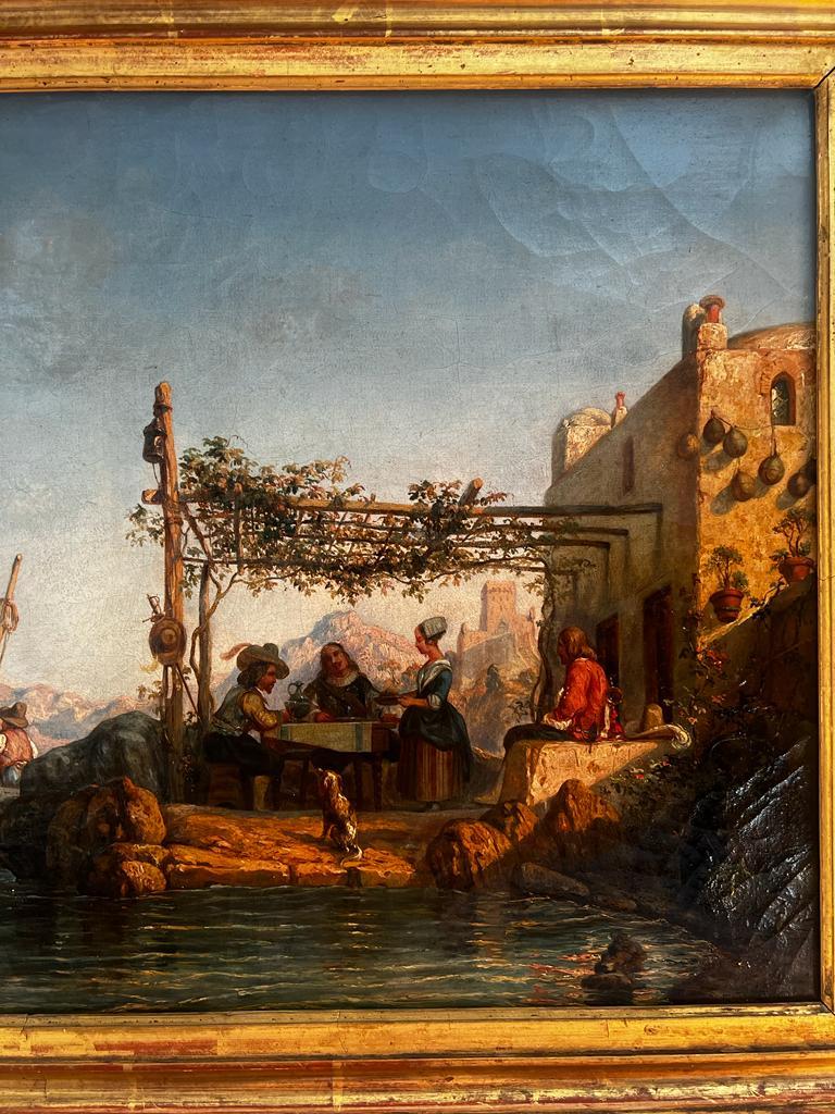Hand-Painted Antique Original Eugene Lepoittevin Signed and Dated 1851 Mediterranean Marina For Sale