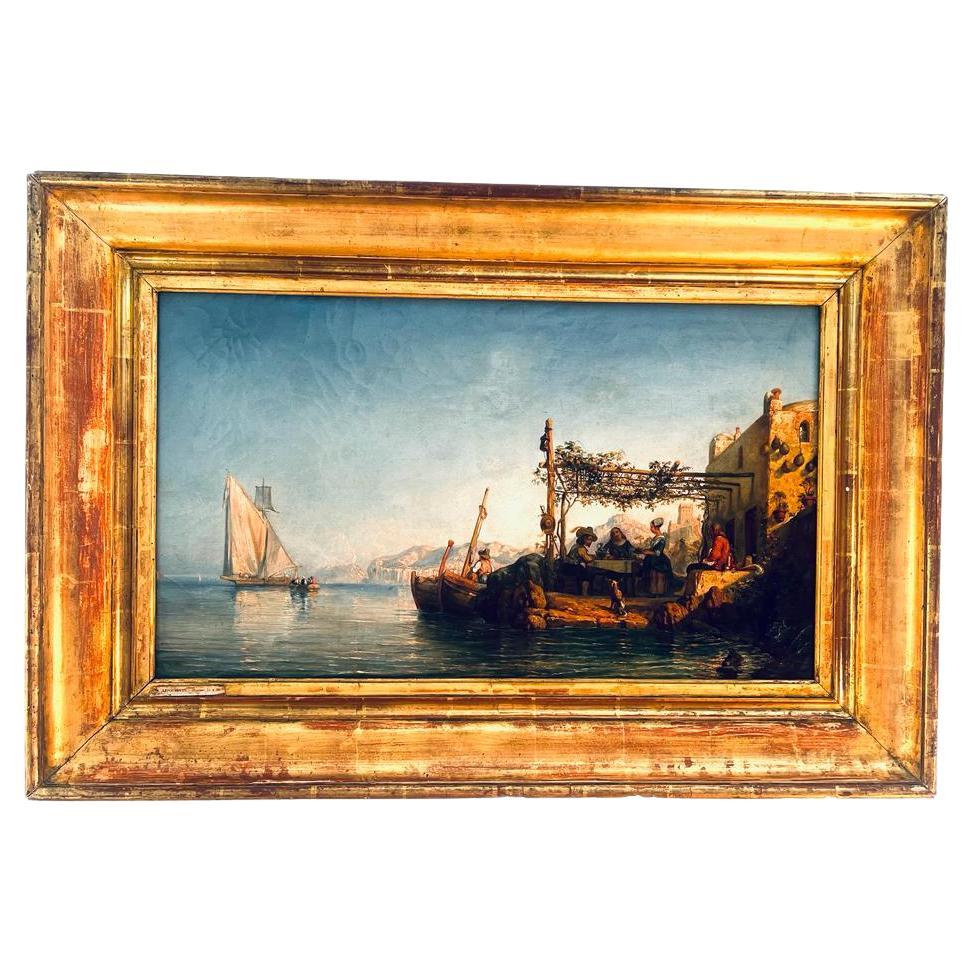 Antique Original Eugene Lepoittevin Signed and Dated 1851 Mediterranean Marina For Sale