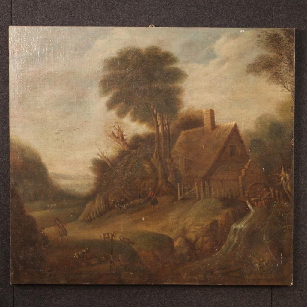 Antique Flemish painting from the early 19th century. Oil painting on canvas depicting countryside landscape with characters and animals and nice pictorial quality. Painting rich in elements and details, of a rustic nature, for antique dealers and