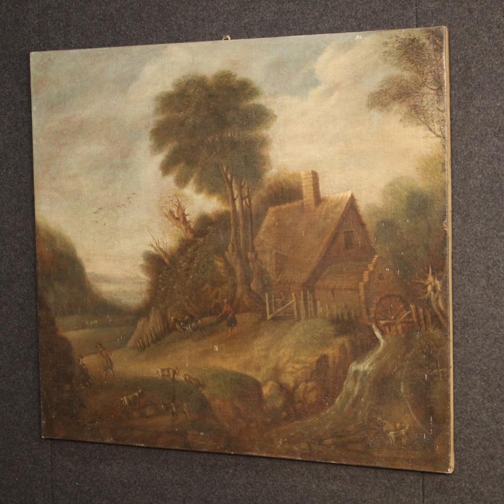 19th Century Oil on Canvas Country Landscape Flemish Painting, 1830 In Good Condition In Vicoforte, Piedmont