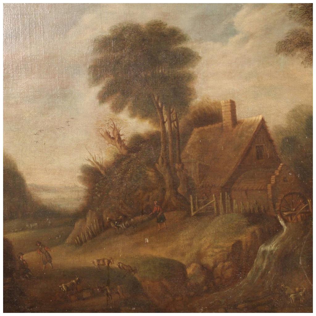 19th Century Oil on Canvas Country Landscape Flemish Painting, 1830
