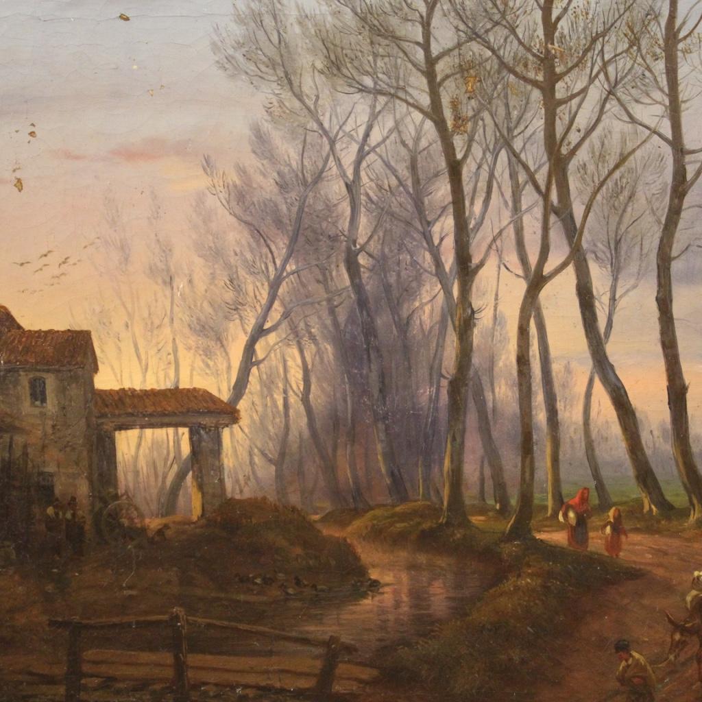 19th Century Oil on Canvas Countryside Landscape French Painting, 1870 In Fair Condition For Sale In Vicoforte, Piedmont