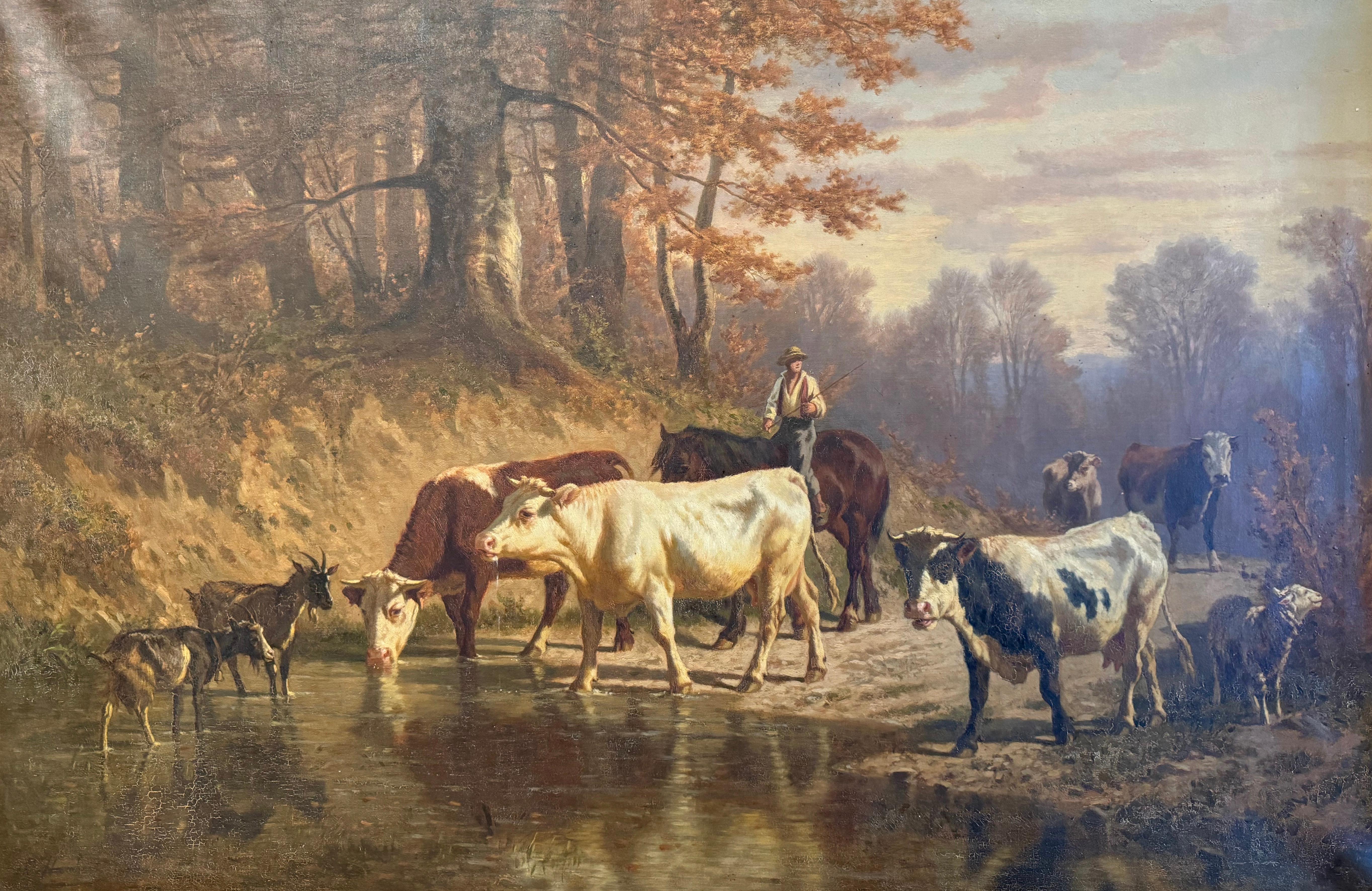 Ölgemälde auf Leinwand Kuh in geschnitztem Rahmen, signiert Charles Humbert, 19. Jahrhundert (Schweizerisch) im Angebot