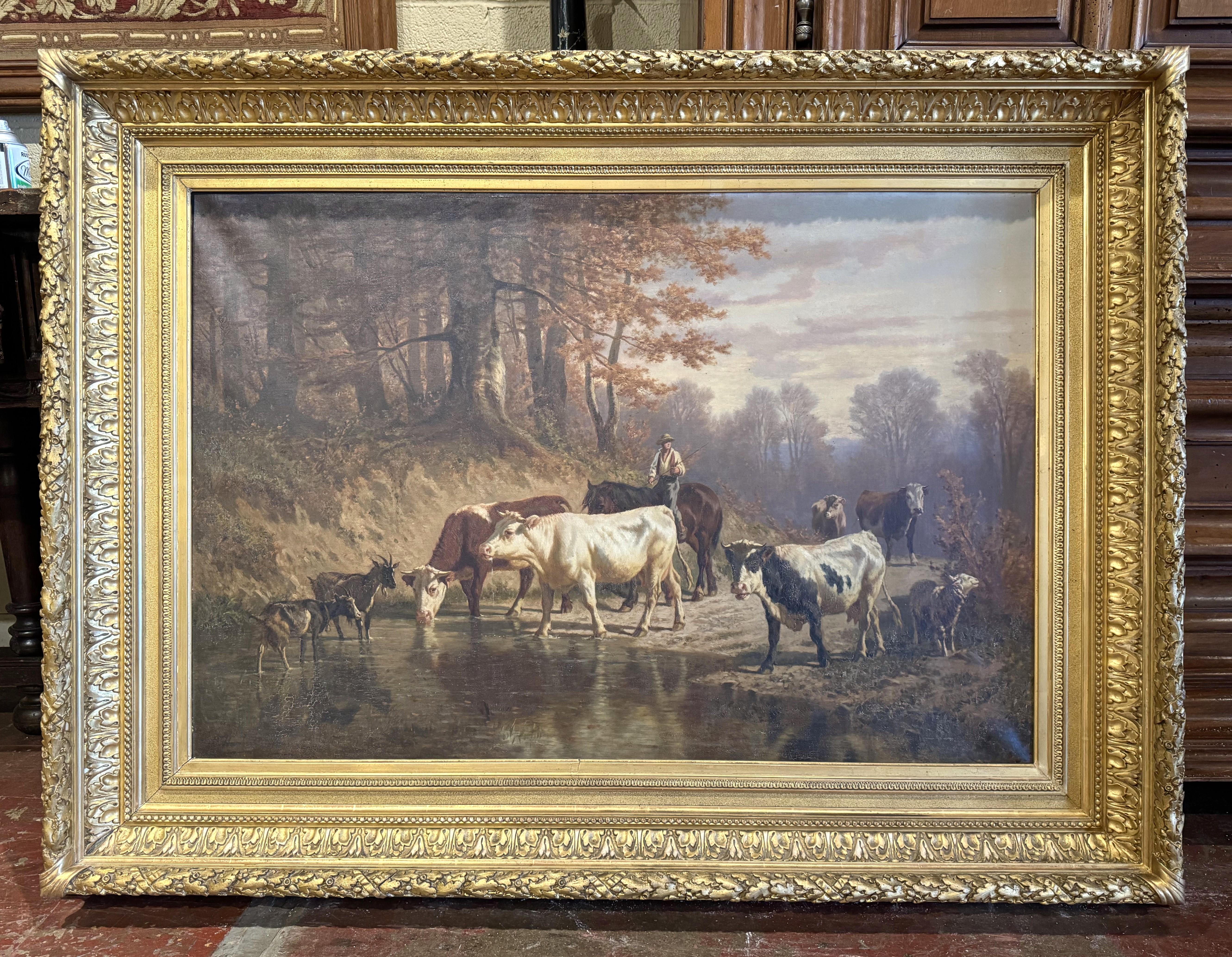 Ölgemälde auf Leinwand Kuh in geschnitztem Rahmen, signiert Charles Humbert, 19. Jahrhundert im Zustand „Hervorragend“ im Angebot in Dallas, TX