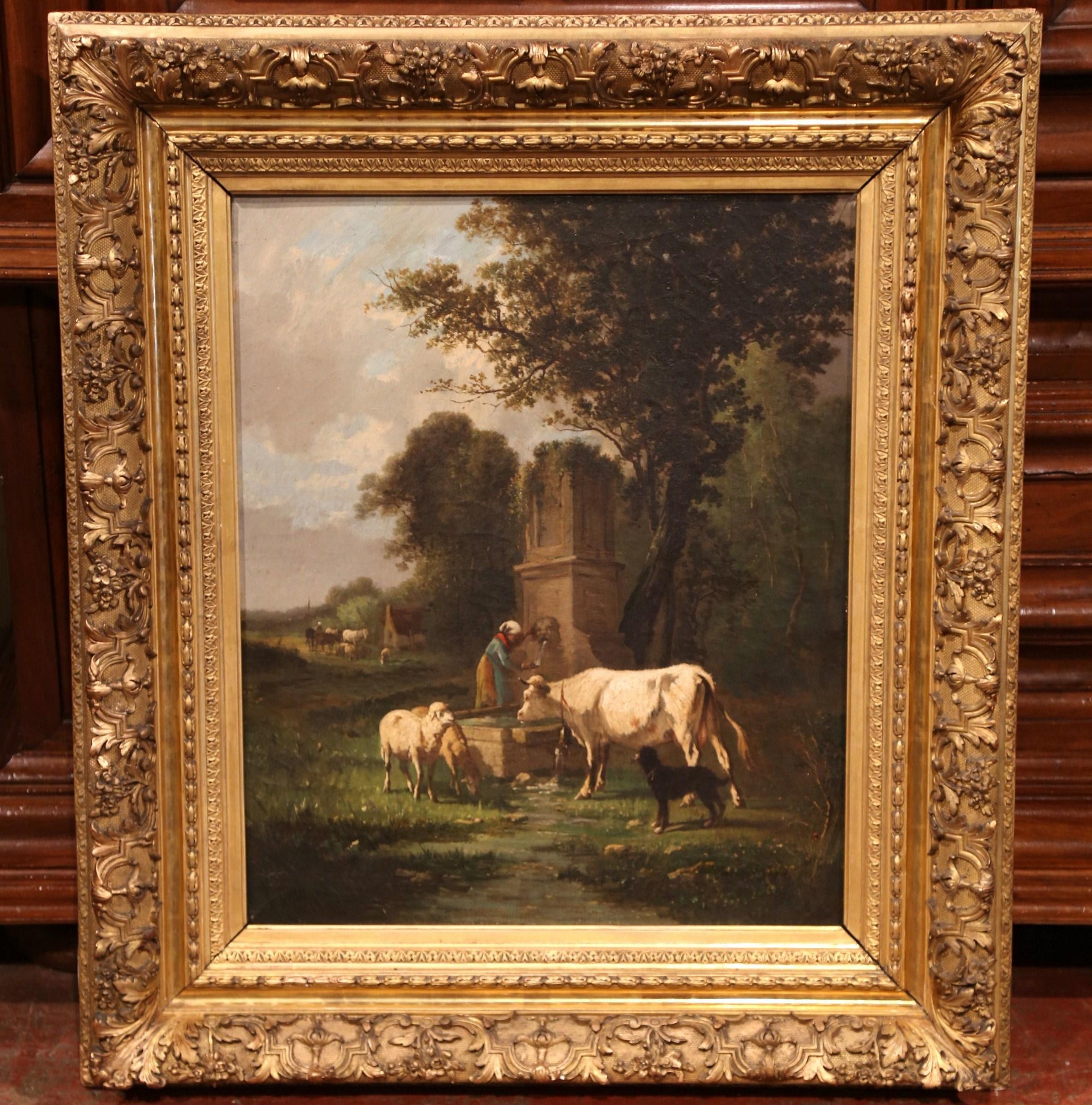 19th Century Oil on Canvas Cow Painting in Carved Gilt Frame Signed A. Cortes In Excellent Condition In Dallas, TX