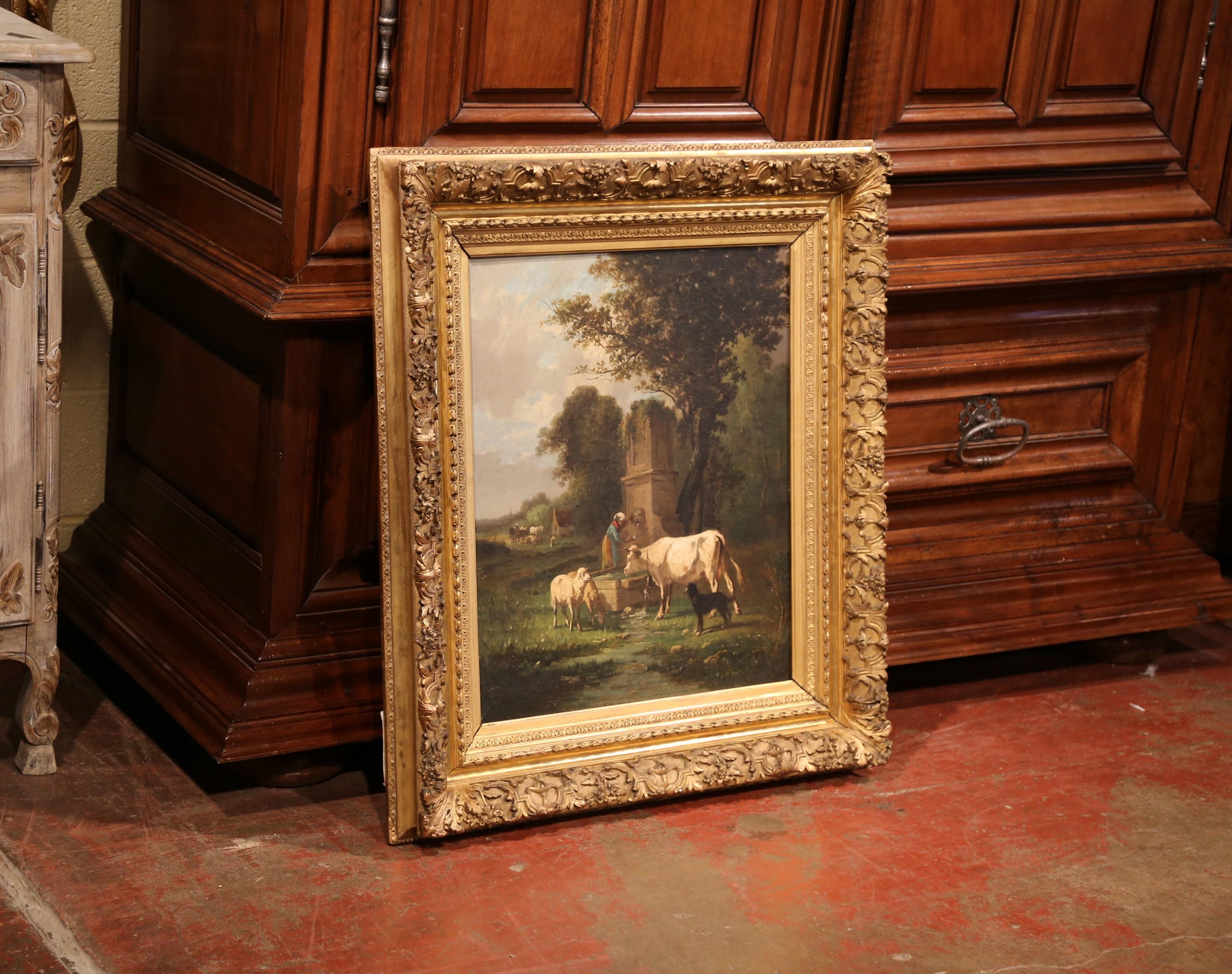 19th Century Oil on Canvas Cow Painting in Carved Gilt Frame Signed A. Cortes 1