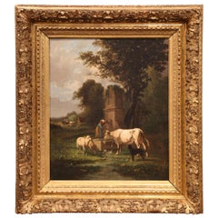 19th Century Oil on Canvas Cow Painting in Carved Gilt Frame Signed A. Cortes