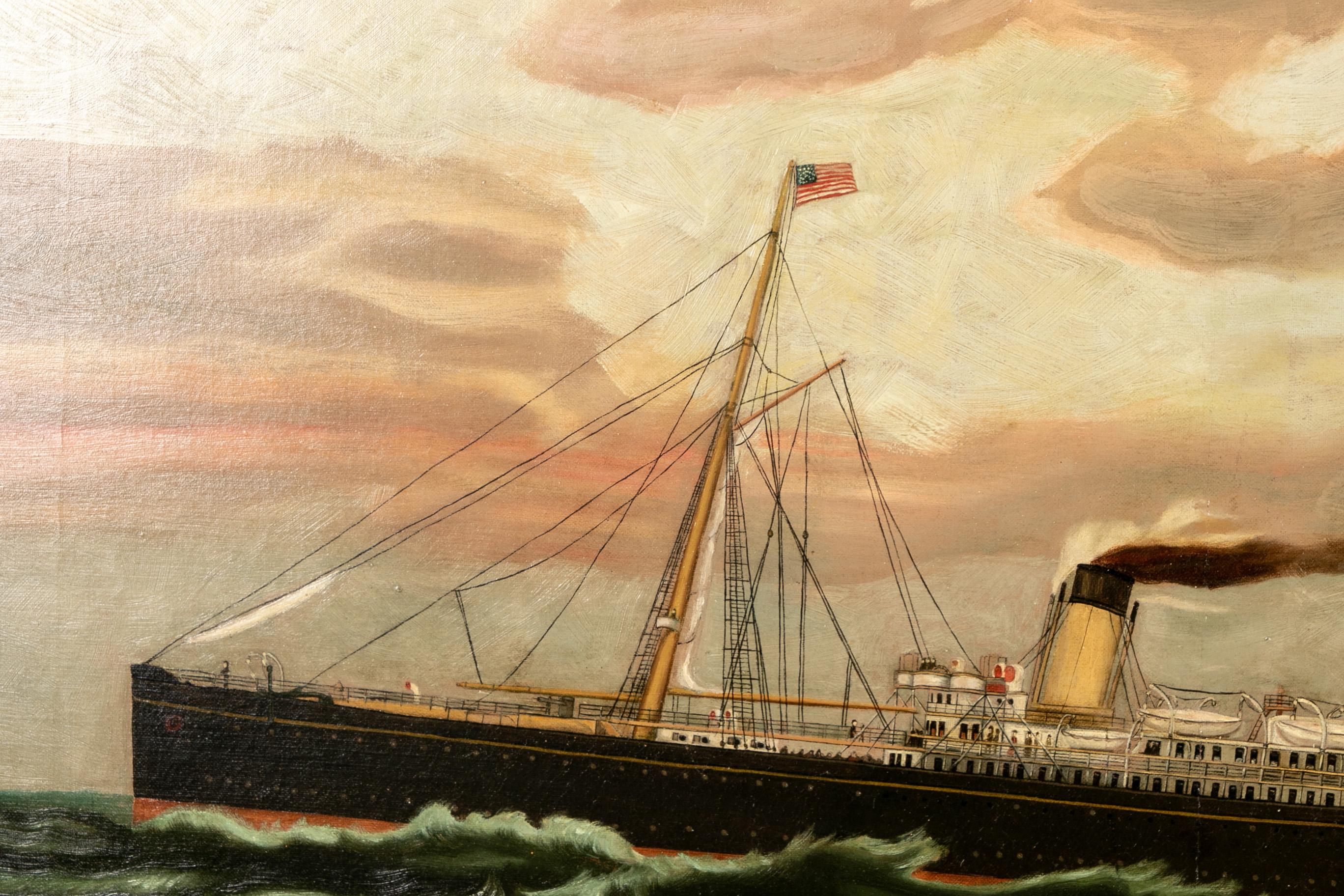 19th century oil on canvas depicting a mail steamer sailing under an evening sky. Garnishing American & English flags, passengers can be seen conversing and wandering the deck. Appearing to be unsigned, the painting is mounted in a contemporary