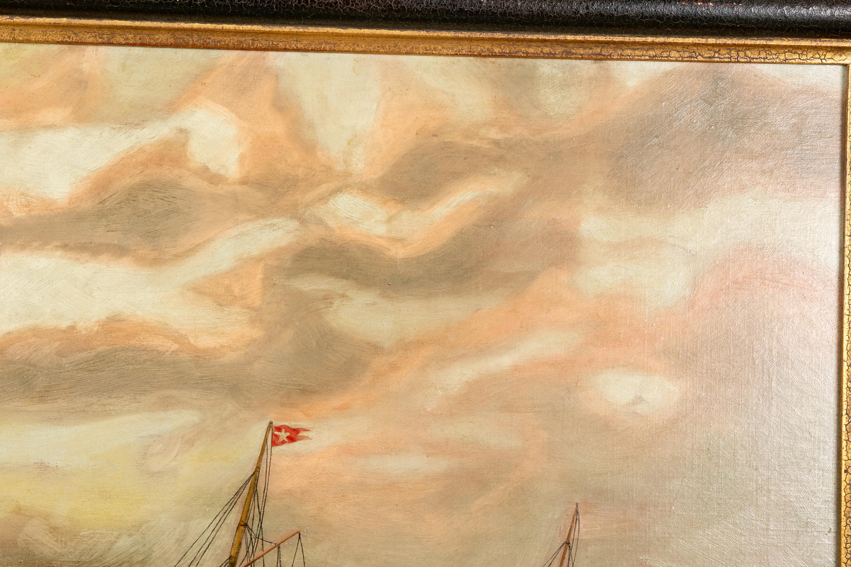 Painted 19th Century Oil on Canvas Depicting Mail Steamer Sailing under an Evening Sky