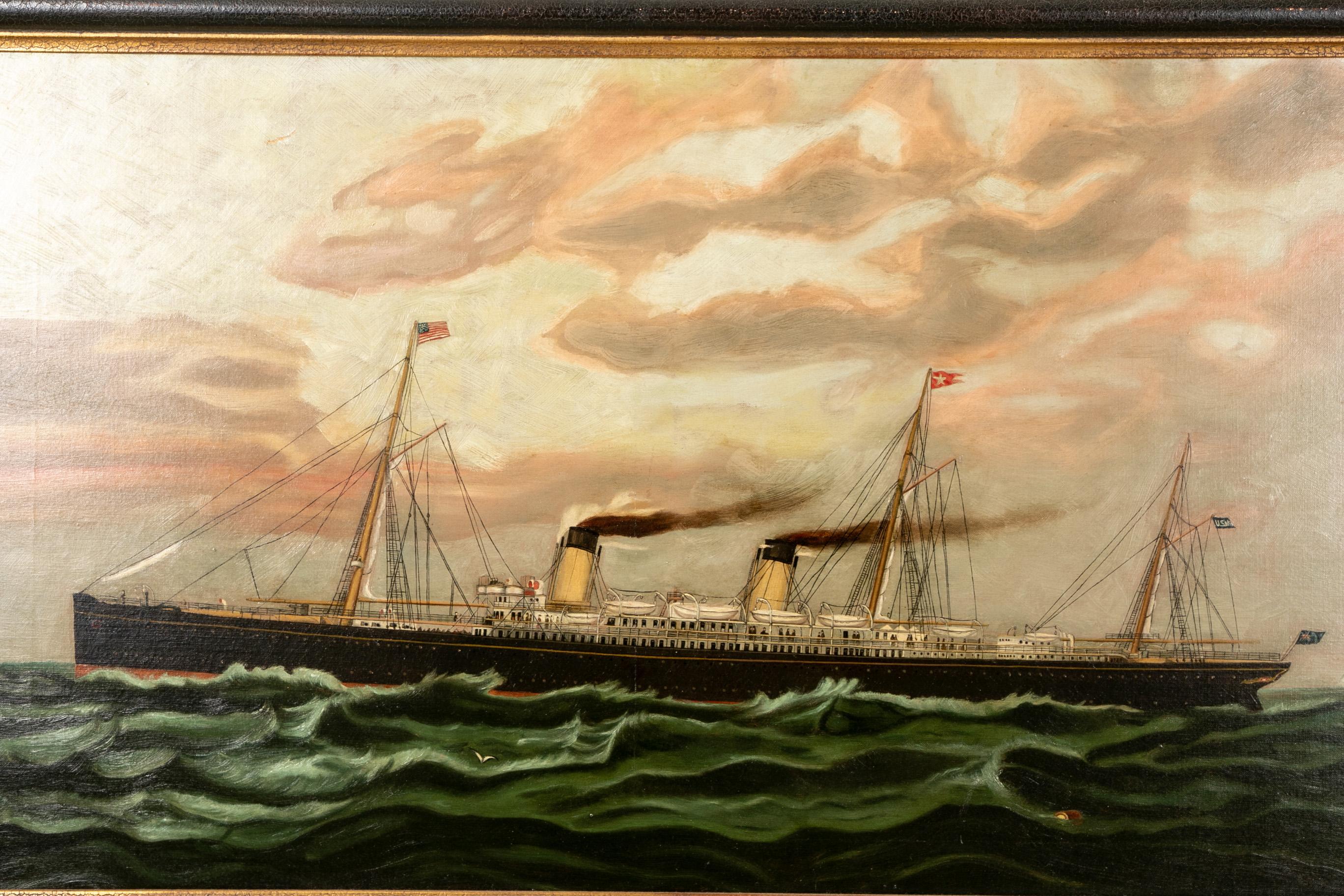 19th Century Oil on Canvas Depicting Mail Steamer Sailing under an Evening Sky 4