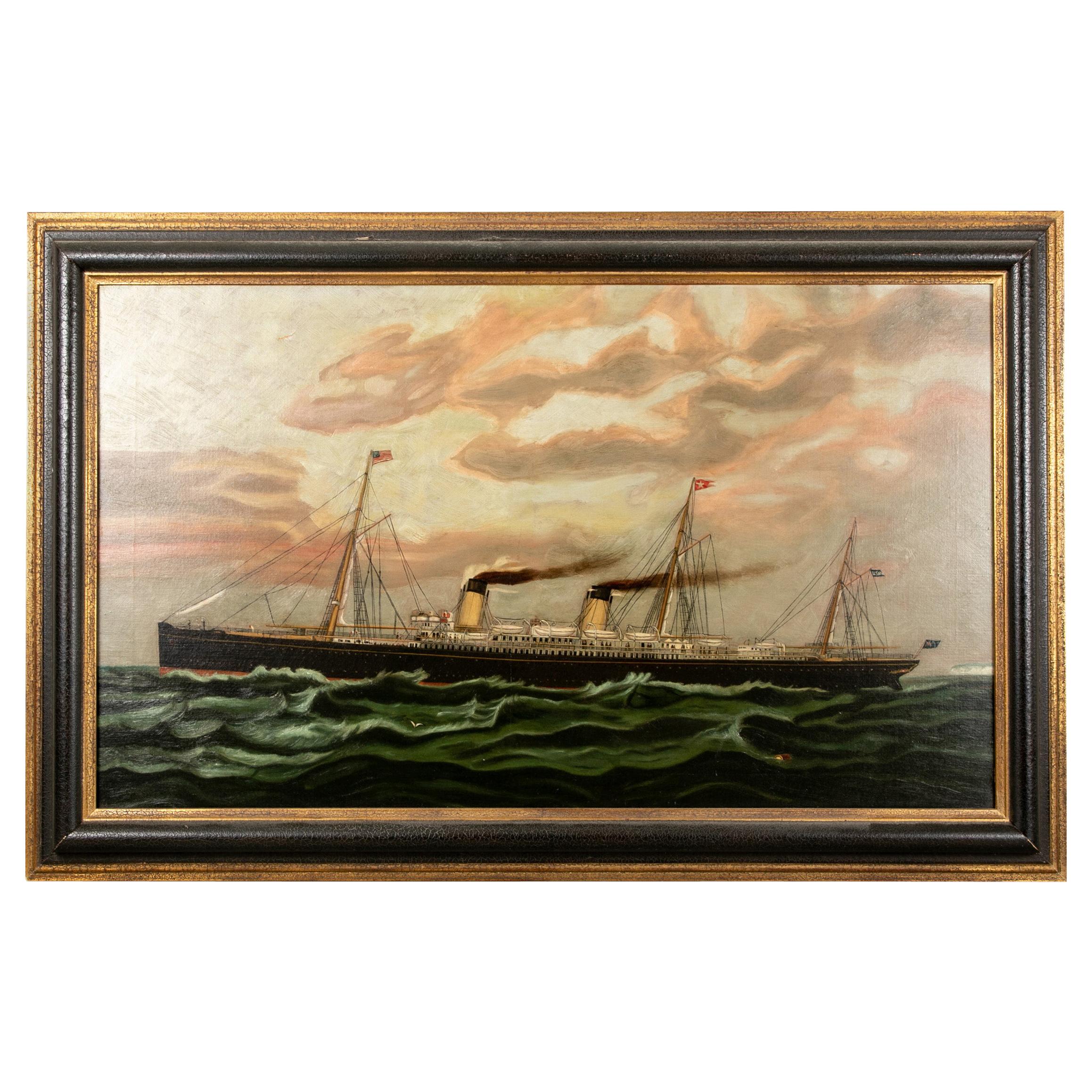 19th Century Oil on Canvas Depicting Mail Steamer Sailing under an Evening Sky