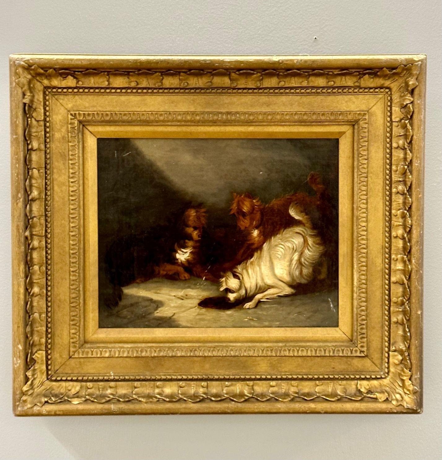 19th Century Oil on Canvas, Dogs Ratting, Attributed to Edward Armfield, Giltwood, Framed, Playful Puppies
 
Gorgeous diminutive oil on canvas attributed to British artist, Edward Armfield. Depicting three terriers 'ratting' in a barn. Gilt frame