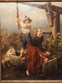 19th Century Oil on Canvas, "Drinking from the Well", by Felix Schlesinger