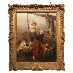 Antique 19th Century Oil on Canvas, "Drinking from the Well", by Felix Schlesinger
