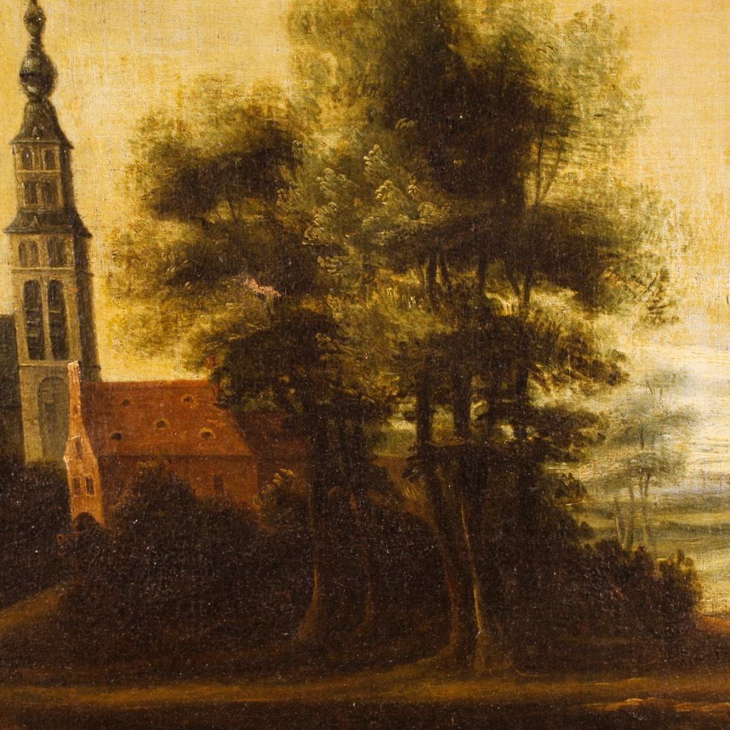 19th Century Oil on Canvas Dutch Landscape with Architecture Painting, 1850 6