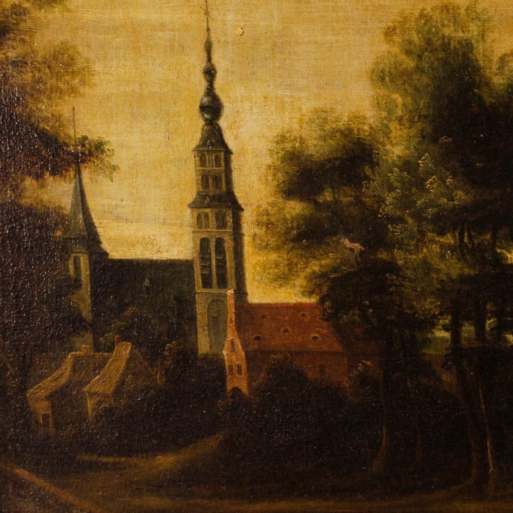 19th Century Oil on Canvas Dutch Landscape with Architecture Painting, 1850 2
