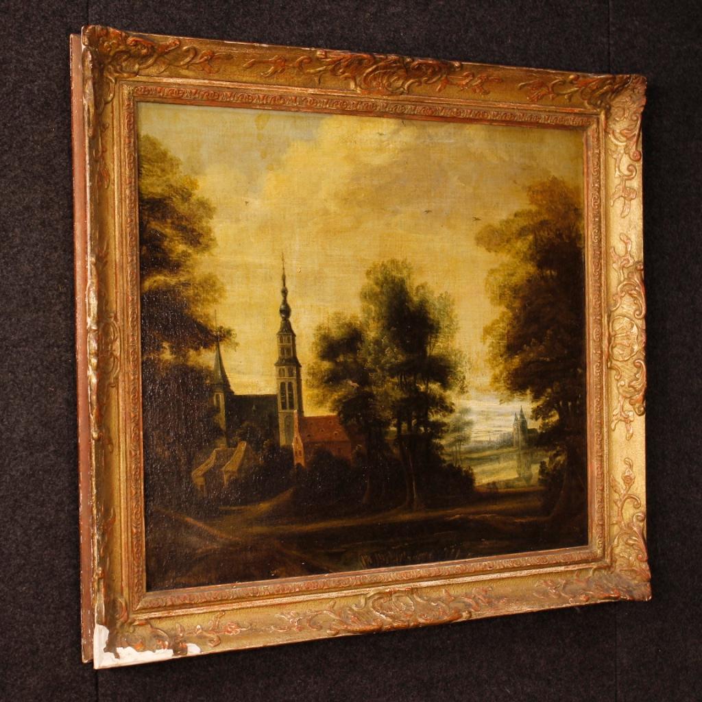 19th Century Oil on Canvas Dutch Landscape with Architecture Painting, 1850 3