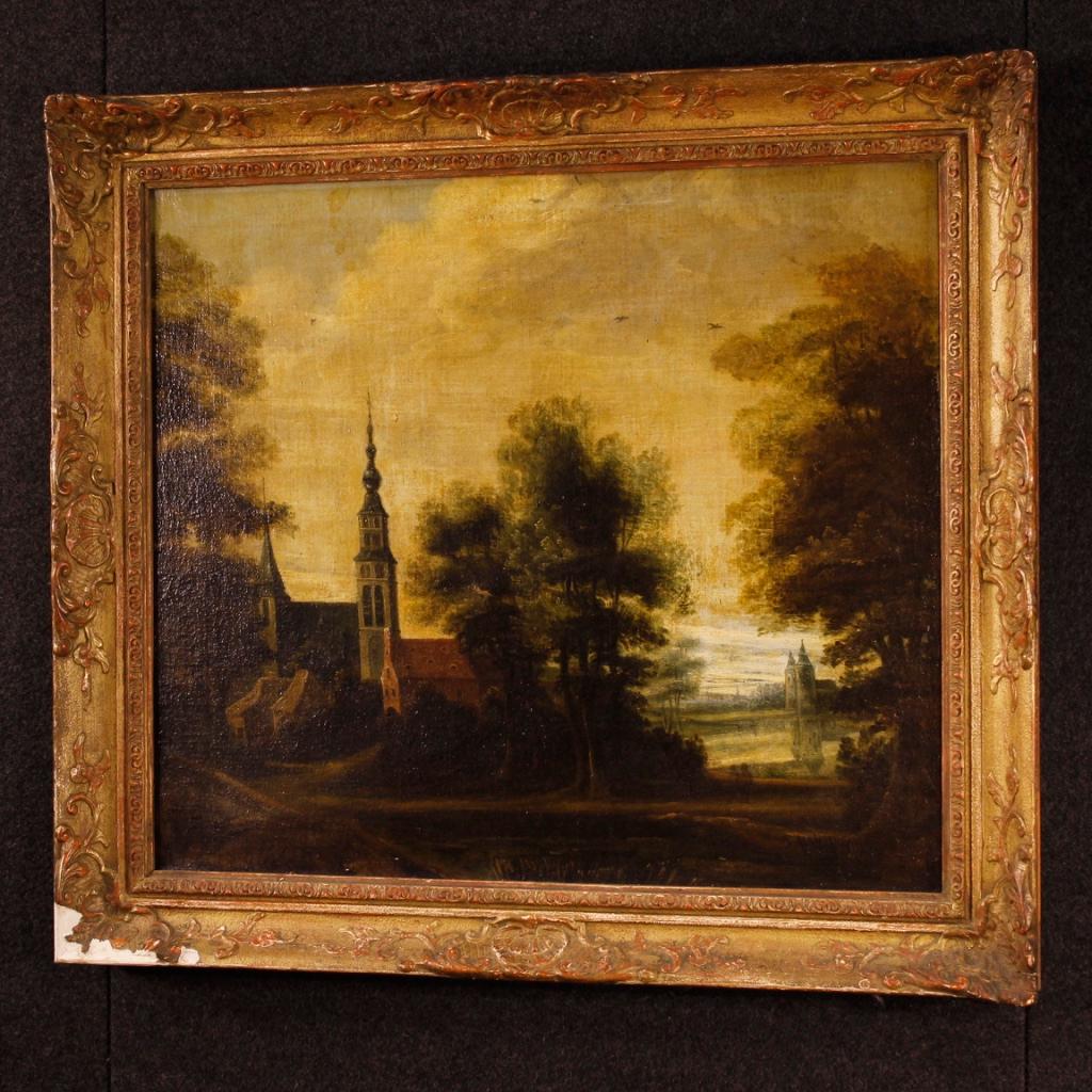 19th Century Oil on Canvas Dutch Landscape with Architecture Painting, 1850 5