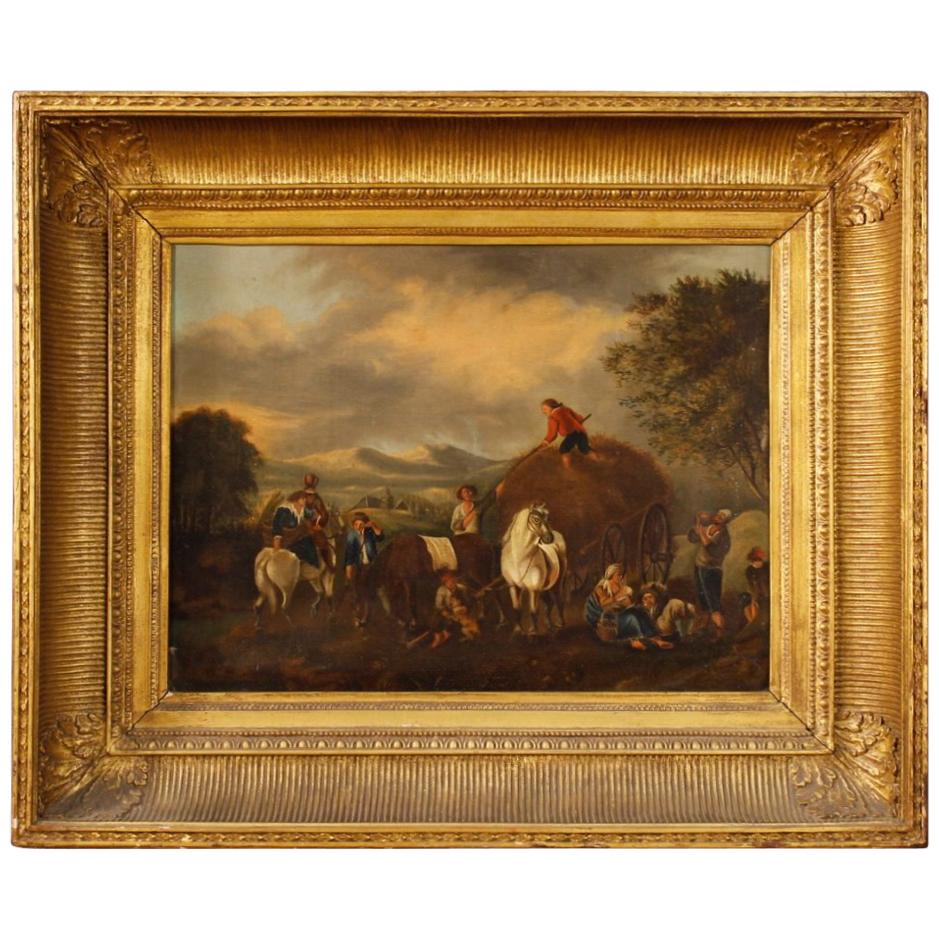 19th Century Oil on Canvas Dutch Painting Rural Scene with Characters, 1870