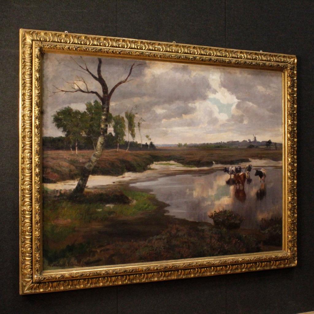 19th Century Oil on Canvas Dutch Signed Landscape Painting, 1880 7