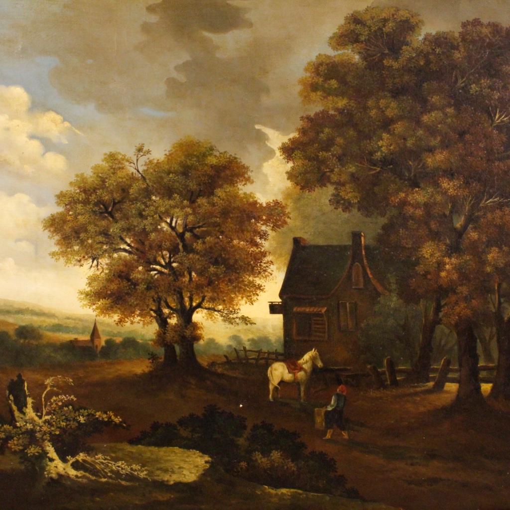 Dutch painting from the second half of the 19th century. Oil painting on canvas depicting rural landscape with horse and character of good pictorial quality. Framework signed lower right, for antique dealers and collectors. Frame not coeval in wood