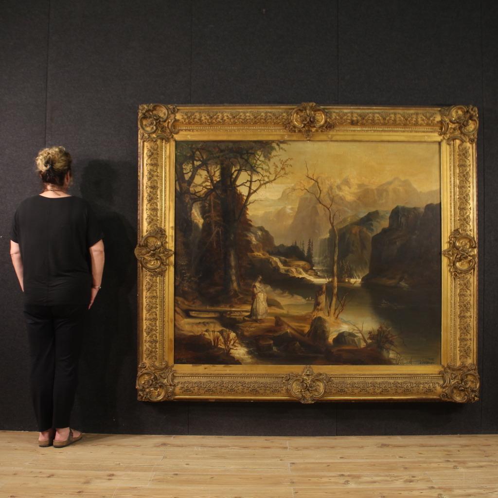 Grande peinture hollandaise de la seconde moitié du 19e siècle. Oeuvre d'art huile sur toile, première toile, représentant un paysage romantique d'excellente qualité picturale. Tableau de taille exceptionnelle orné d'un étonnant cadre coeval, en
